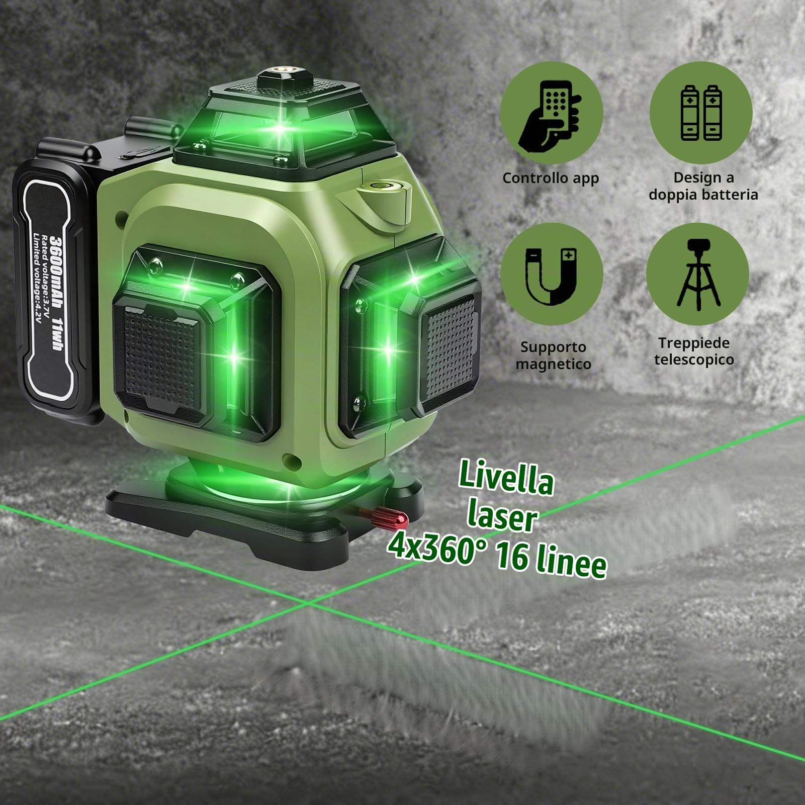 Livella Laser Autolivellante 4D 16 Linee con treppiede, Laser a linee incrociate a 4x360 gradi, batteria da 3600 mAh*3, Livellamento Automatico, per fai da te, Decorazione di interni ed esterni