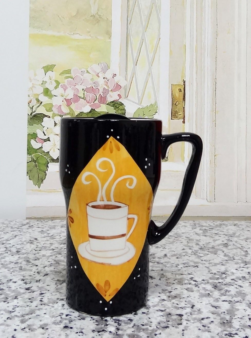 Hand Painted Coffee Fleur De Lis Yellow w/black rim Ceramic Mug, 1-Piece 6-1/4"H, 80126 by ACK