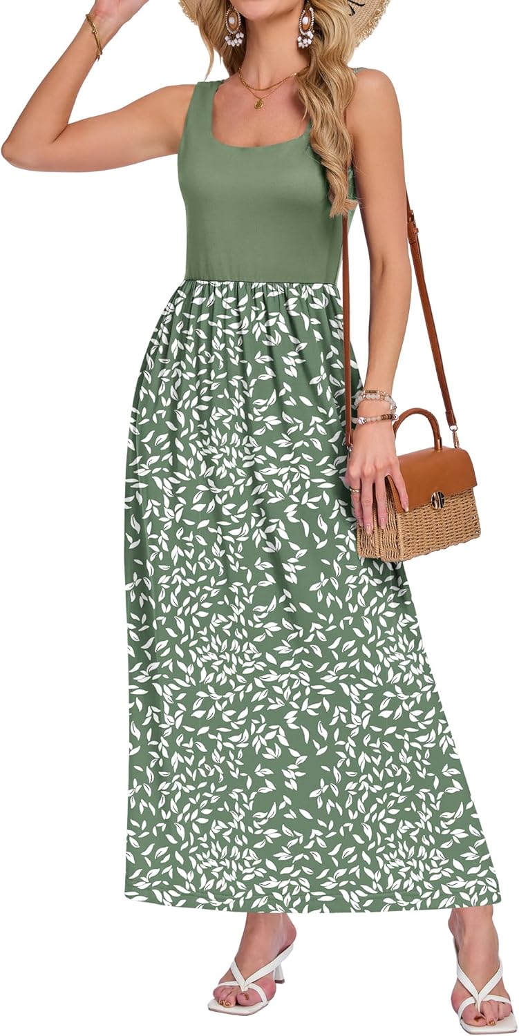 AUSELILY Women's Square Neck Maxi Dress Sleeveless Floral Loose Long Dresses with Pockets - Image 5