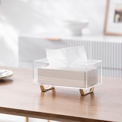 Miniatura 5 de HBlife Caja de pañuelos transparente rectangular de acrílico con patas chapadas en oro, dispensador de servilletas, contenedor de hojas para baño