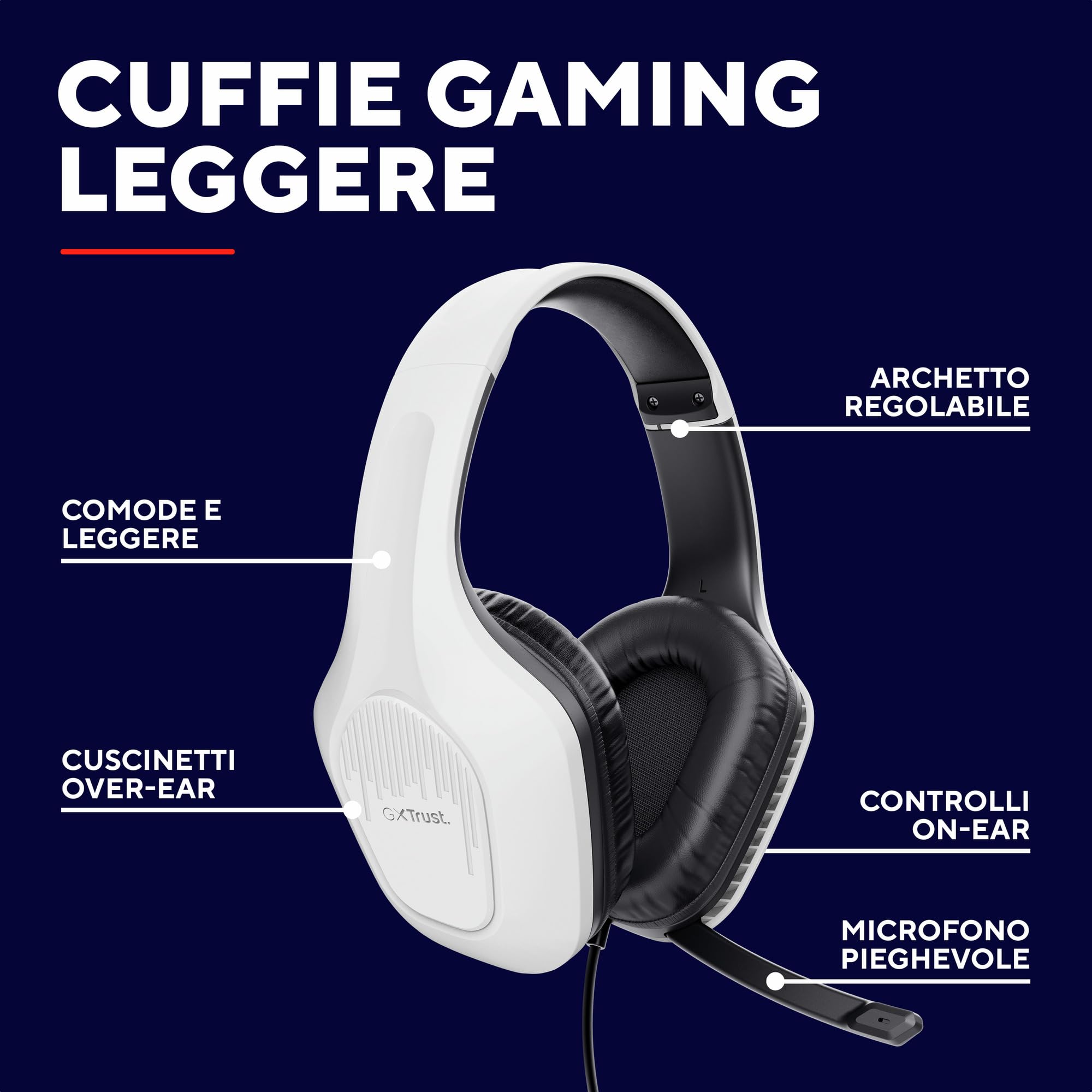 Trust Gaming GXT 418W Rayne Cuffie Gaming Leggere per PC Xbox PS4 PS5 Switch Mobile, Driver da 50 mm, Jack Audio 3.5 mm, Cavo 2m, Cuffie con Microfono Over-Ear, Bianco