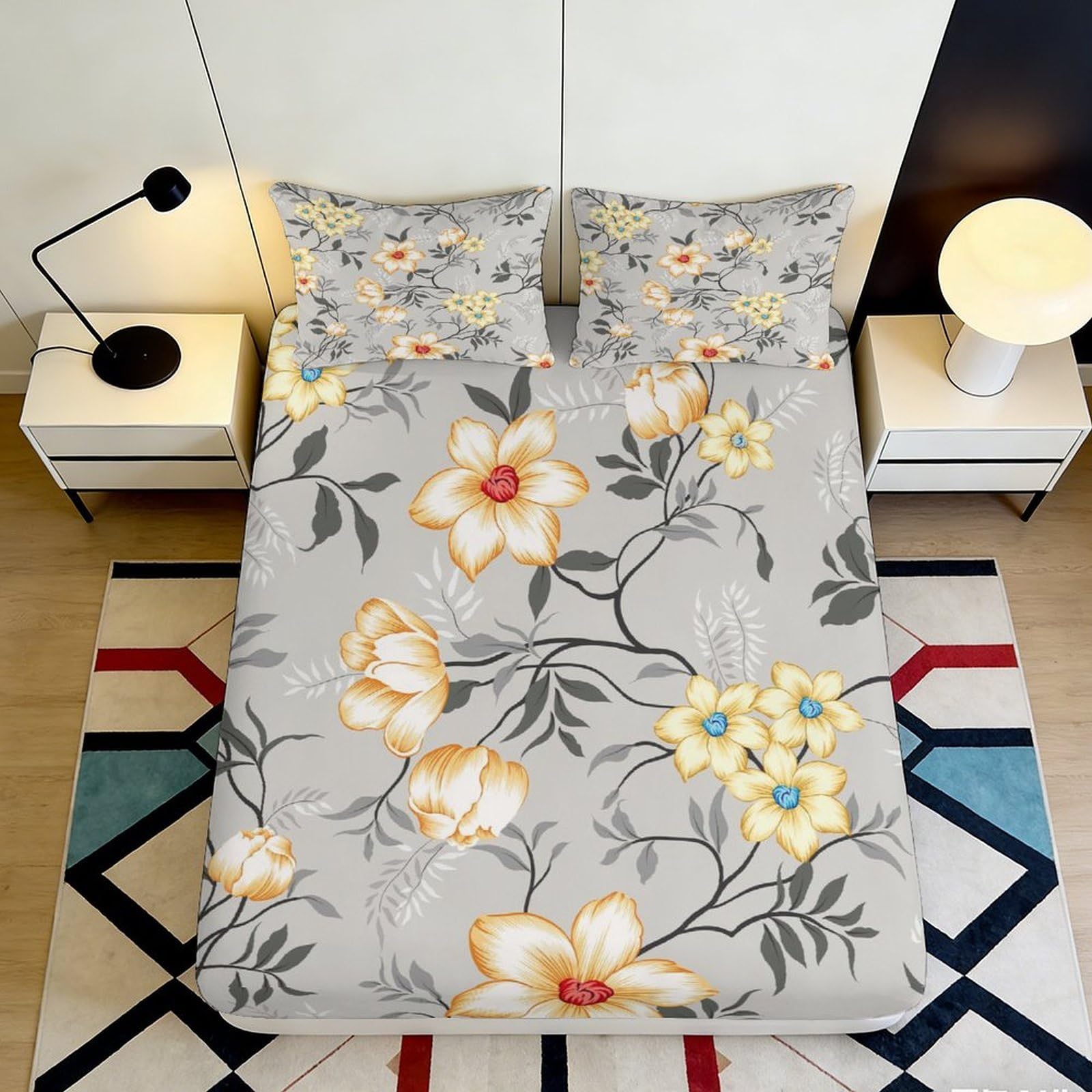 Uxinyoume Style-10 3D Printed Yellow Floral Fitted Sheet Microfiber Soft Grey Botanical Bed Cover For Bedroom Guestroom Decor 90X200x25cm