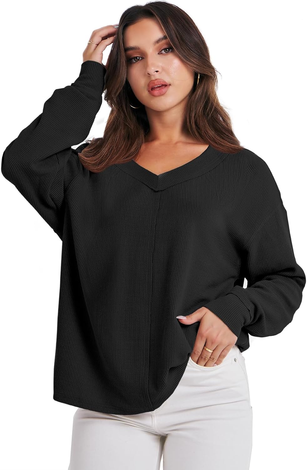 ANRABESS Oversized Long Sleeve Shirts for Women Off the Shoulder Sweatshirt Loose V Neck Tunic Tops High Low Sweater 2025 - Image 9