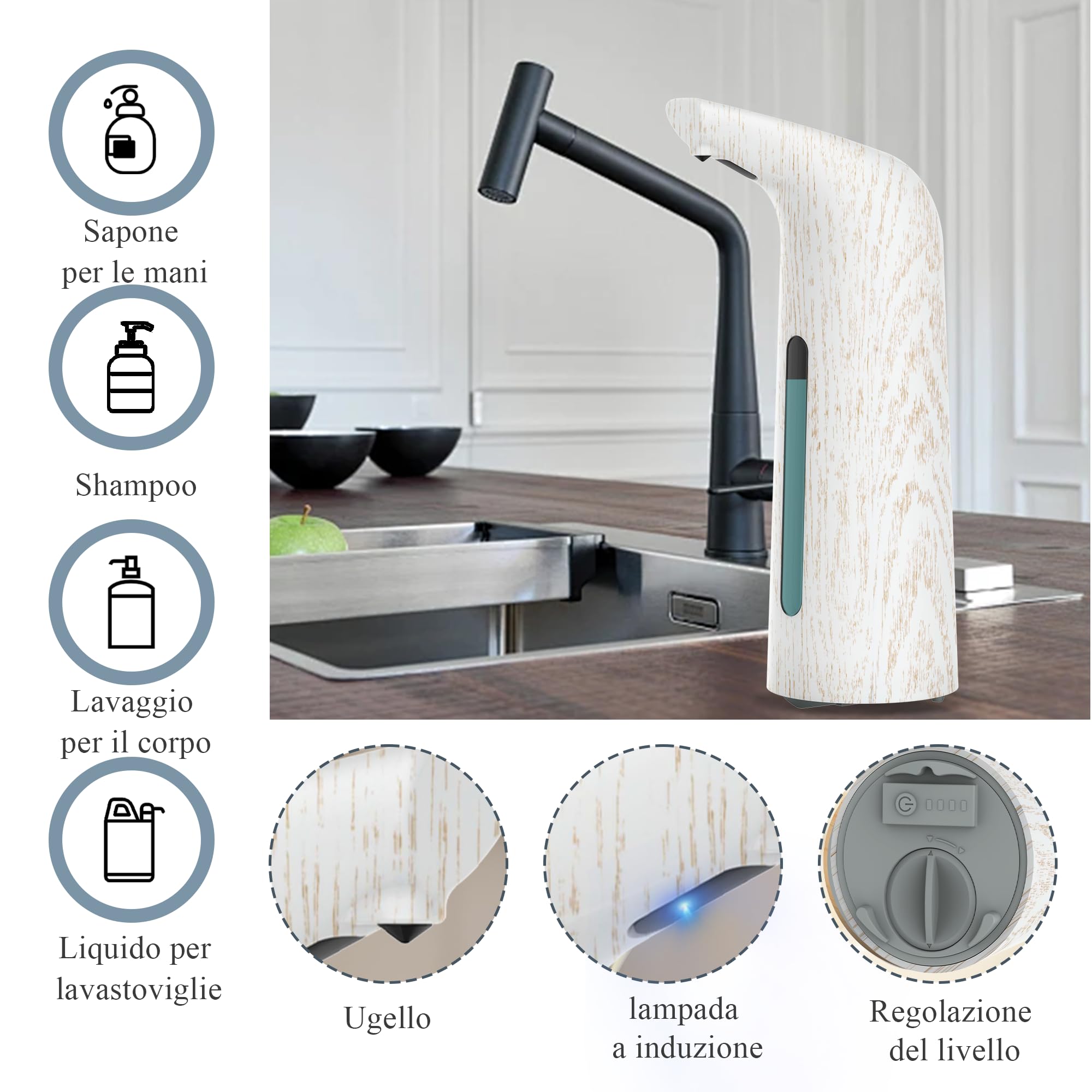 Dispenser automatico di sapone da 400 ml, a batteria, senza contatto, elettrico, con sensore, 4 livelli regolabili, no-touch, per bagno e cucina (Grano di legno bianco)