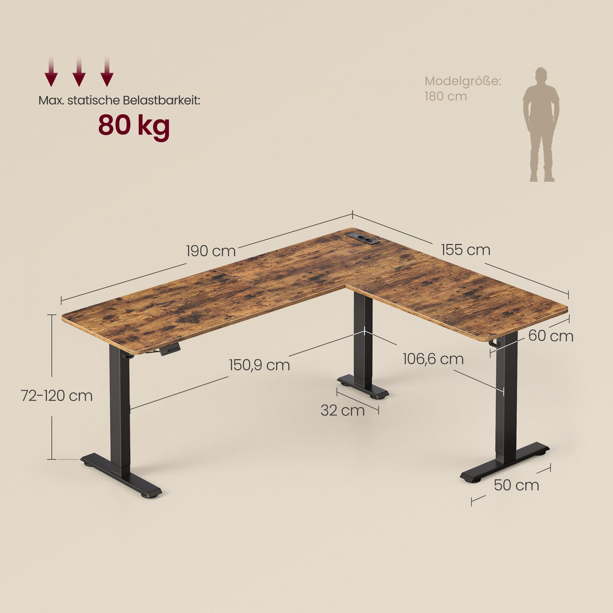 VASAGLE Höhenverstellbarer Schreibtisch, 190 x 155 cm, L-förmiger Eckschreibtisch, Stehtisch, 2 AC-Steckdosen, 2 USB-A-Anschlüsse, Ablage für Steckdosenleiste, für Büro, vintagebraun LSD295KD01