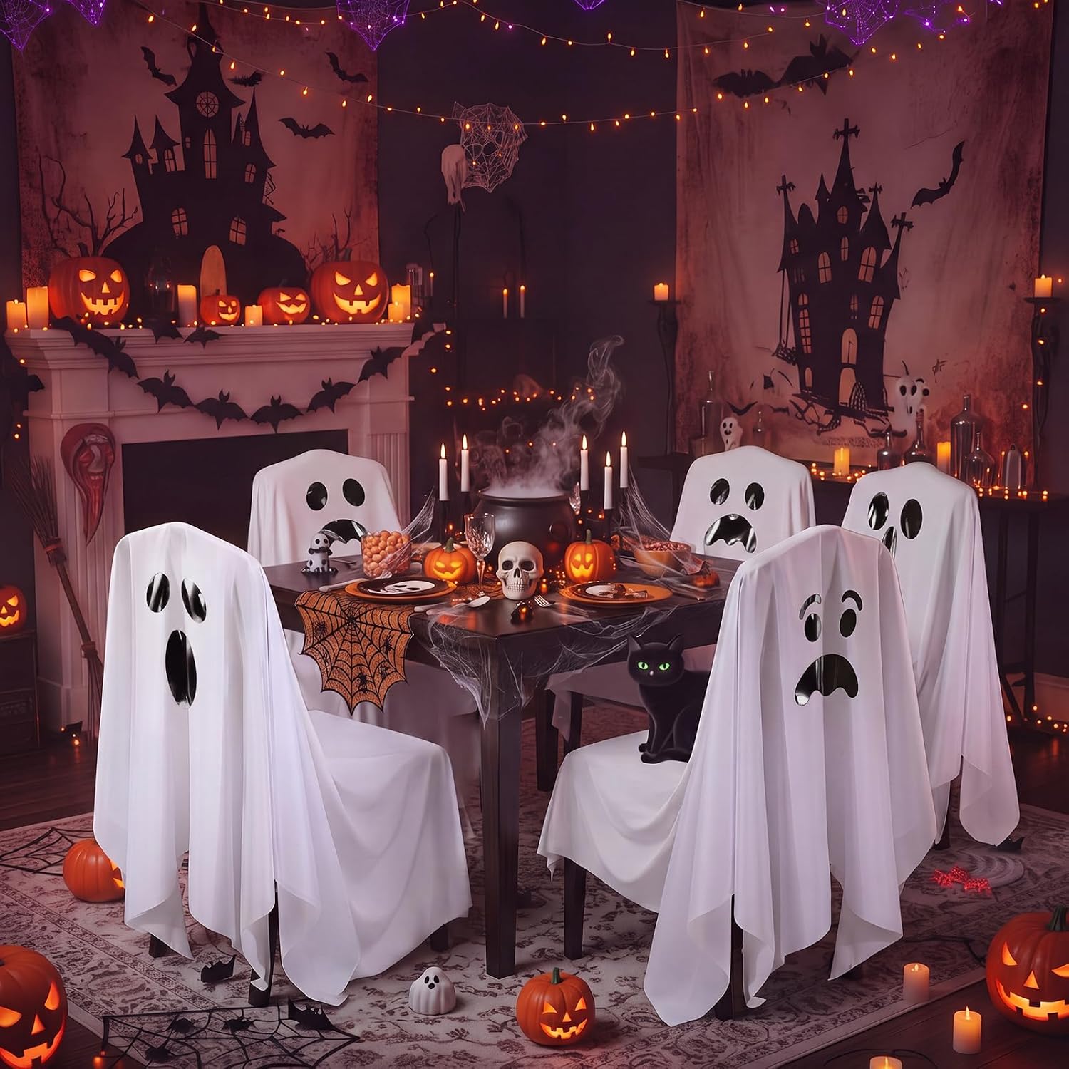 Mixweer 4 Pcs Halloween Chair Cover 60 x 60inch White Ghost Chair Seat Sofa Slip Cover with Ghost for Trick or Treat Living Kitchen Room Decorative Accessories Home Halloween Party Decor