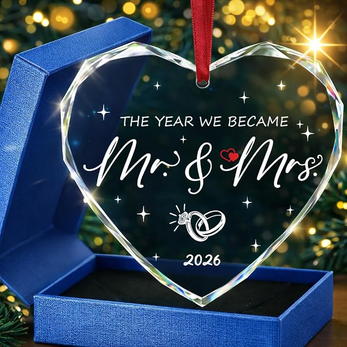 Wedding Gifts, Mr & Mrs Ornament 2026, Bridal Shower Gifts, Just Married Gift for Newlywed Couple Bride, Crystal Glass Ornament Future Mr-and Mrs Just Married Glass Ornaments Christmas Decorations (2)