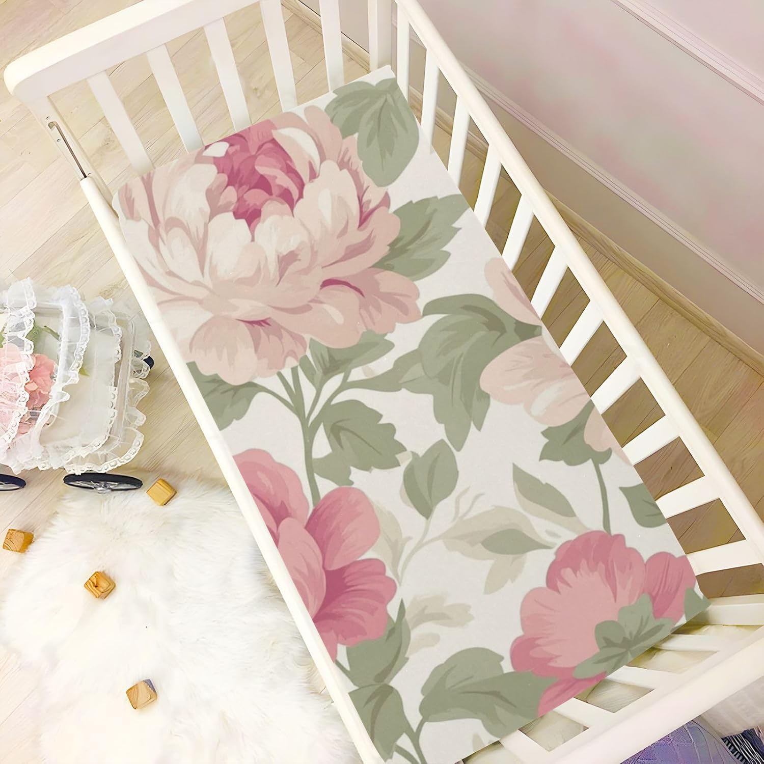 Peony Flowers Fresh Beige Crib Sheets Standard Crib Toddler Mattresses Cover Fitted Baby Bed Sheet Breathable Crib Mattress Sheet for Girls Boys 52" x 28"x5''