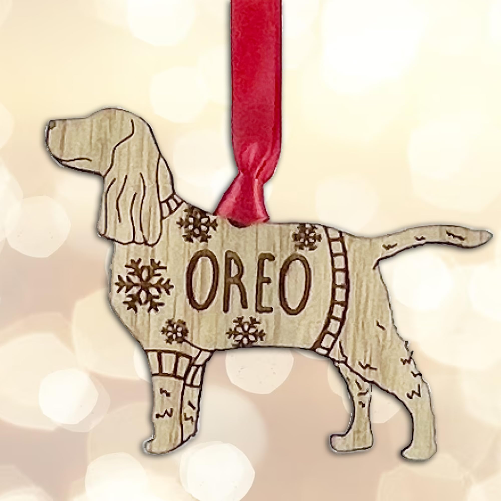 Personalised Springer Spaniel Dog Christmas Tree Bauble Decoration, Wearing a Dog Jumper Design with Snowflakes, Customised Puppy Hanging Ornament, Oak Veneer Wood with Red Ribbon