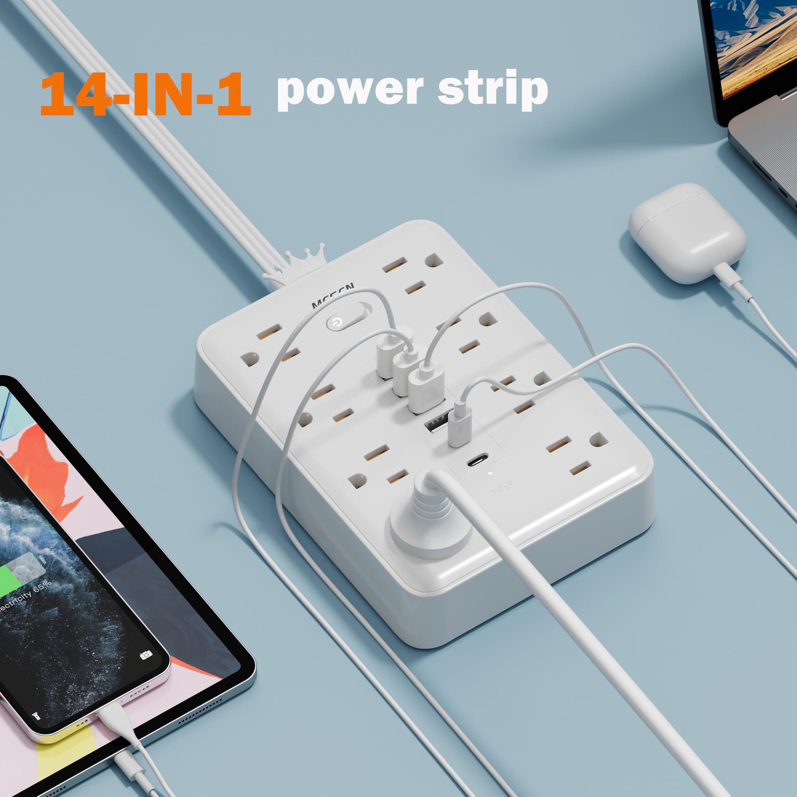 Regleta de enchufes ultradelgada con protección contra sobrecargas y Enchufe Plano, con 8 Tomas de CA, 6 USB (2 USB C), para casa, Oficina, Dormitorio, artículos Esenciales de Viaje, 15 A, 1875