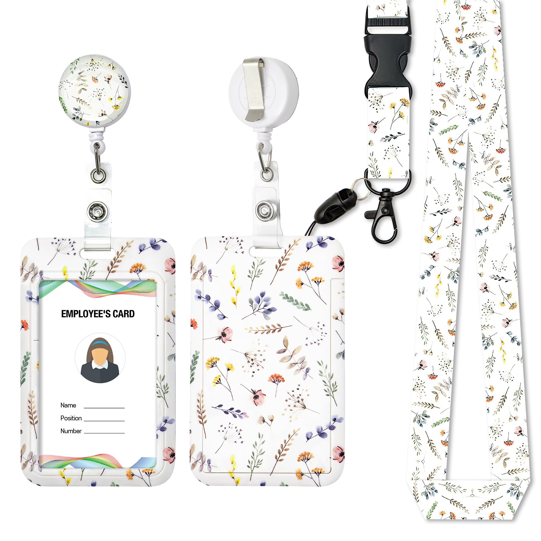 RAORAOYUE Wildflower ID Badge Holder, Lanyard and Retractable Badge Reel Clip, ID Badges Name Tags Vertical Card Teacher Nurse Workers Women Office Gifts