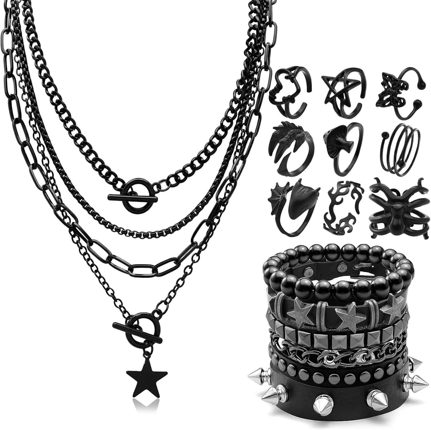 15Pcs Black Gothic Rings Punk Grunge Emo Necklaces Bracelets Set for Women Men Layered Studded Alt Bracelets Y2K Choker Necklace Snake Claw Butterfly Star Rings Rock Concert Jewelry Gift