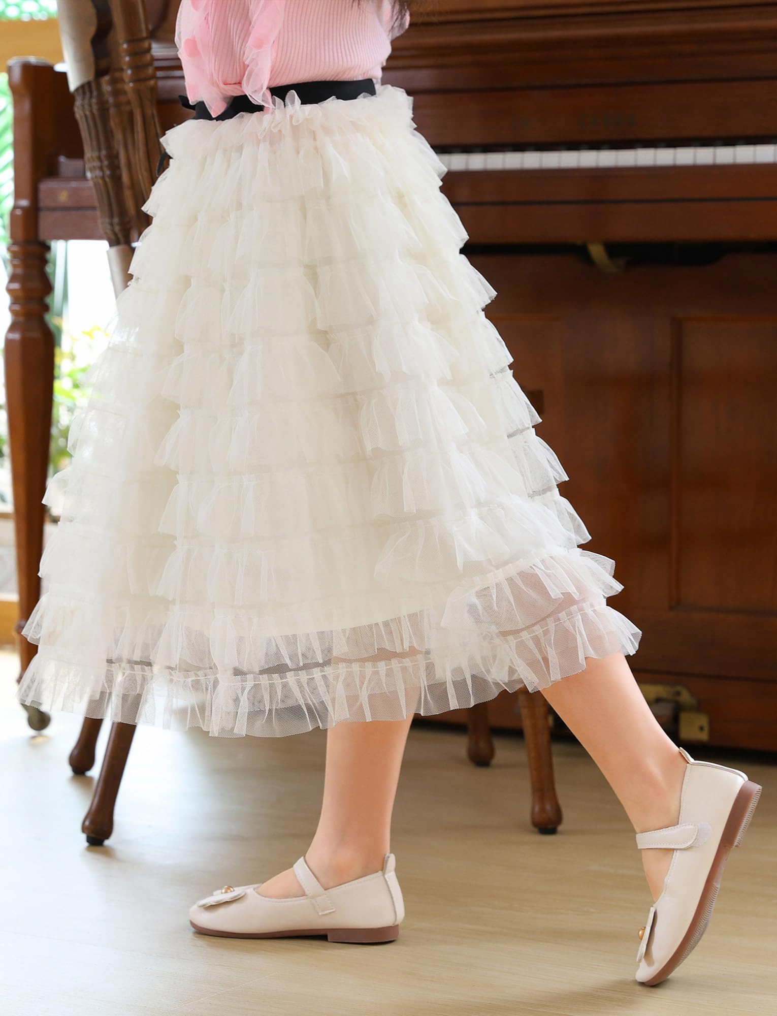 FEOYA Falda larga de verano para niña, falda de tul para niños, falda midi de cintura alta, falda de baile de cintura alta, falda plisada de varias capas, elegante falda casual para fiestas, falda de