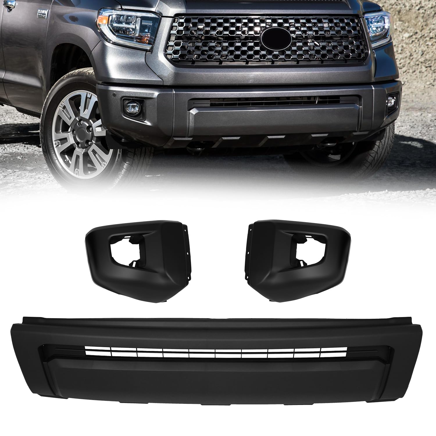Front Bumper Grille Lower + Upper & Fog Light Lamp Cover Left + Right Compatible with 2014 2015 2016 2017 2018 2019 2020 2021 Toyota Tundra TO1004182 TO1000404