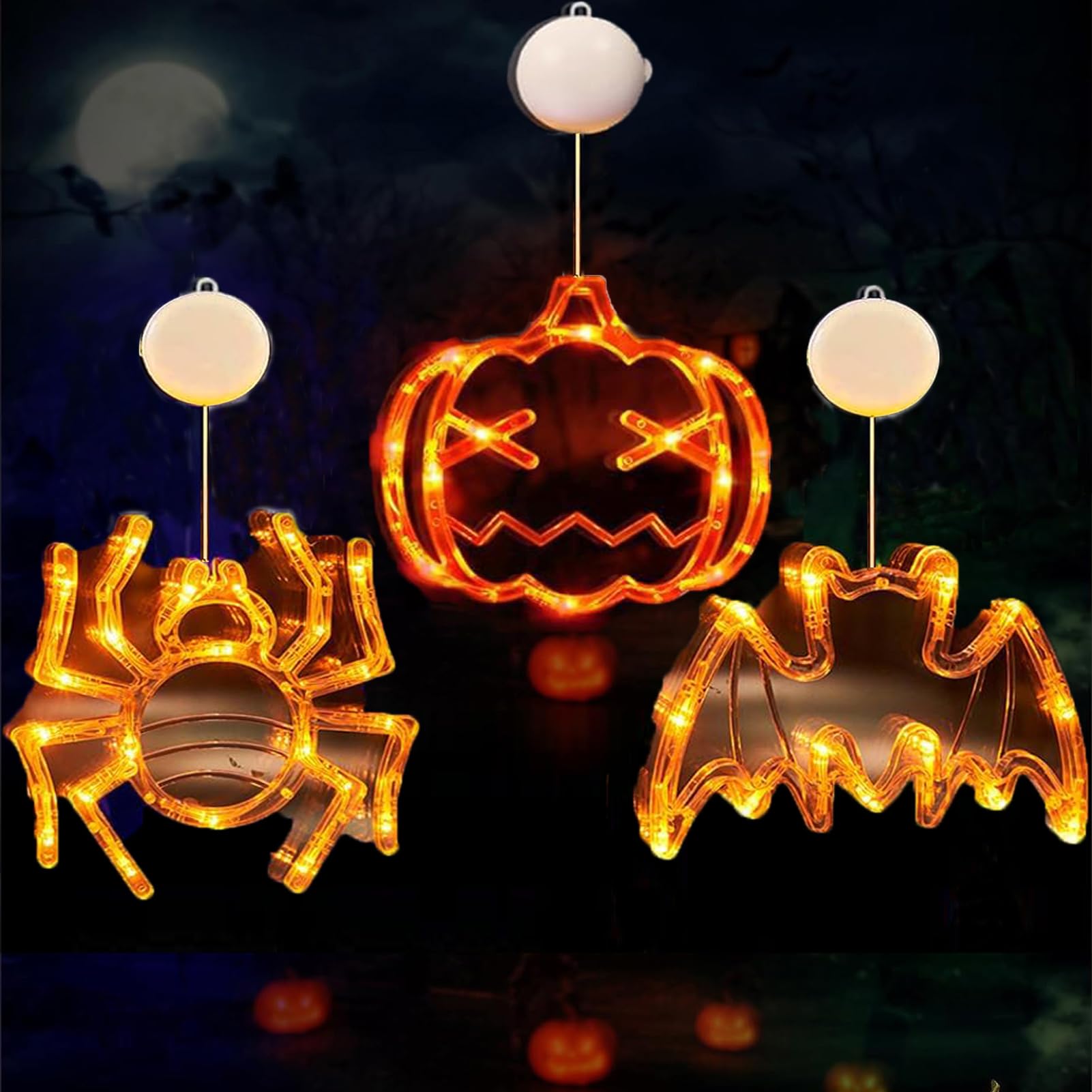 Halloween Decorations, 3 Pack Halloween Lights Battery-Operated Halloween Window Lights with Suction Bat Pumpkin Spider for Window Bar Party Patio Indoor Outdoor