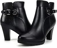 mysoft Women's Chunky Stacked Heel Ankle Booties with Zipper & Buckle Strap - Stylish Faux Leather Round Toe Boots