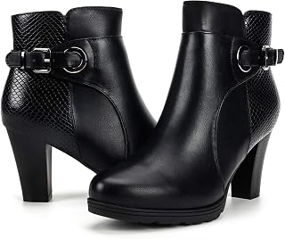 mysoft Women's Chunky Stacked Heel Ankle Booties with Zipper & Buckle Strap - Stylish Faux Leather Round Toe Boots