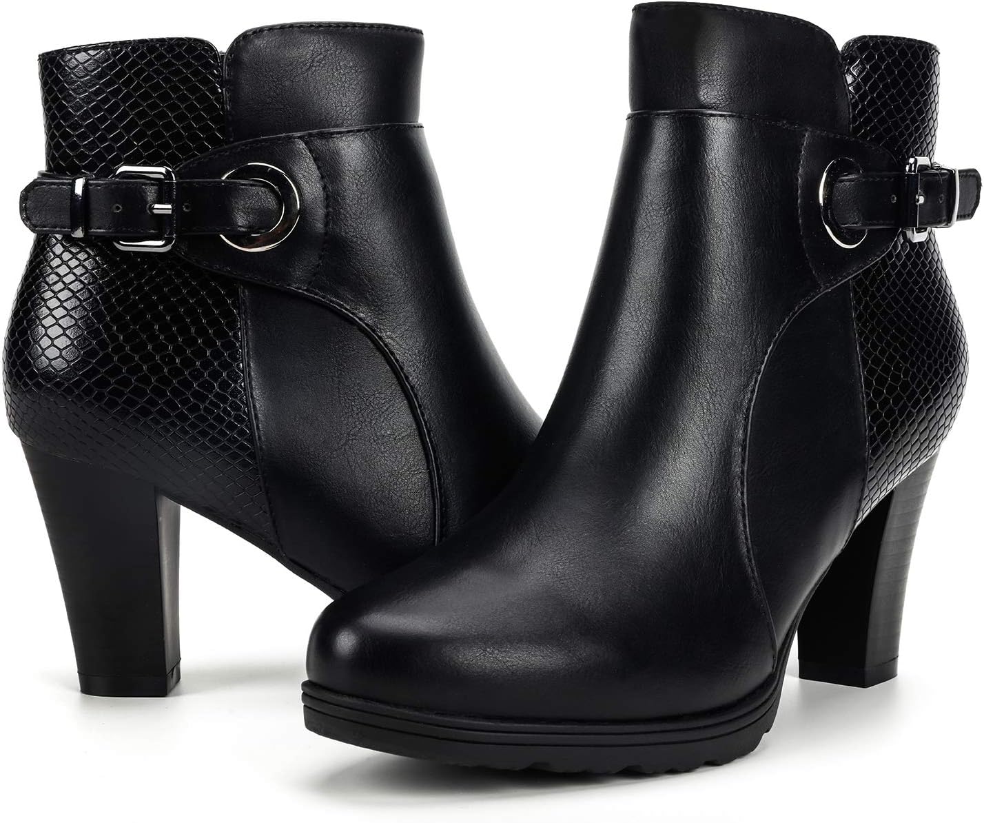 mysoft Women's Zipper Bootie Chunky Stacked Heel Ankle Boots Buckle Strap Ankle