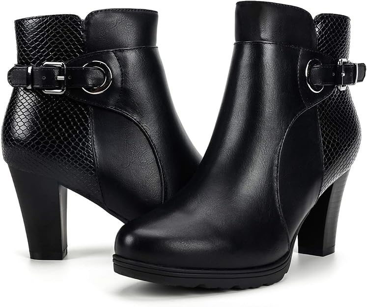 Mysoft Women’s Ankle Booties – Zipper Buckle Strap Chunky Stacked Heel Boots
