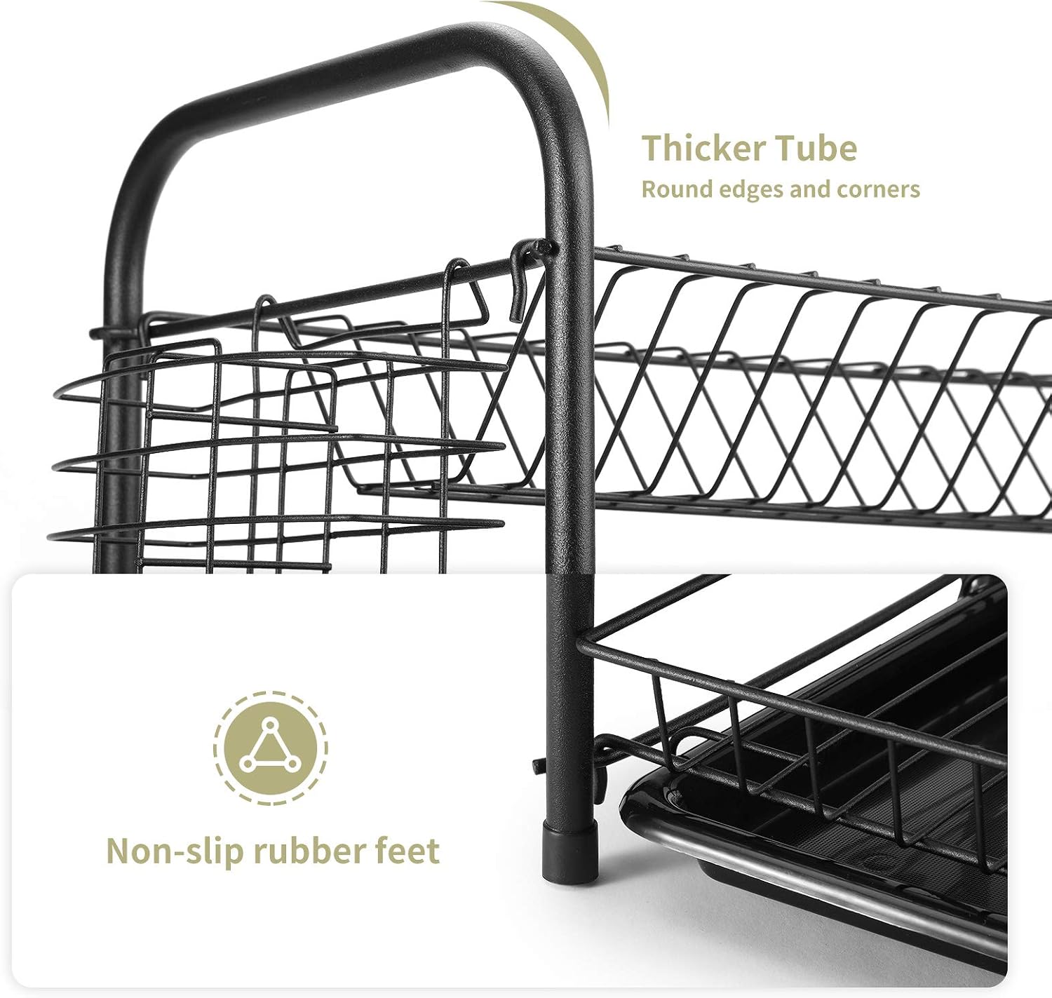 Glotoch 2 Tier Matte Black Dish Drying Rack, 2021 Upgraded Rust-Proof Dish Rack with Upgraded Base, Utensil Holder, Cutting Board Rack and Dish Draining Tray