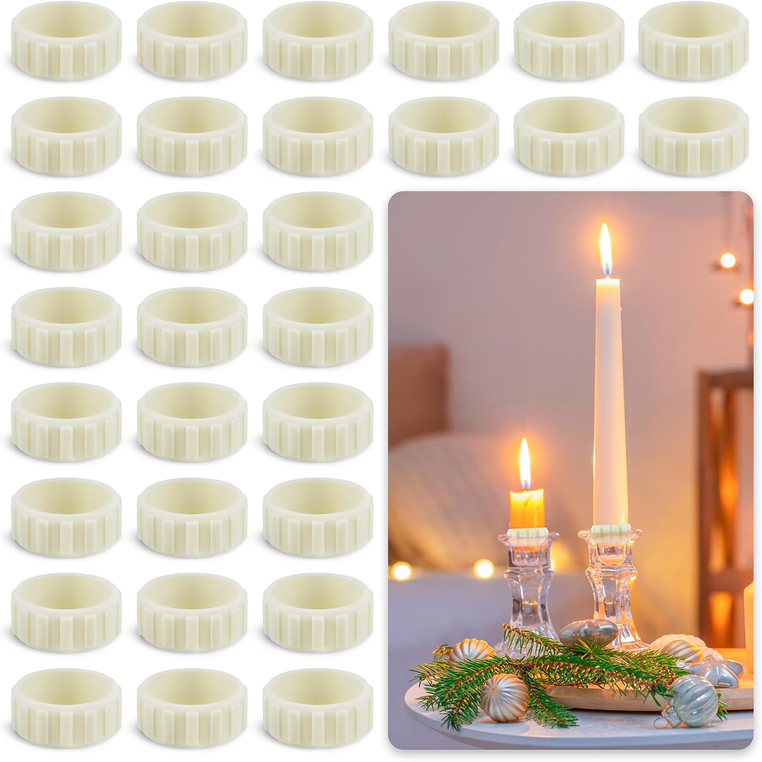 U0U 30 Pack Rubber Candle Grips,Candle Grippers for Taper Candles, Candle Hugger Gaskets to Keeps The Candles Upright in Candle Holders (30, Beige)