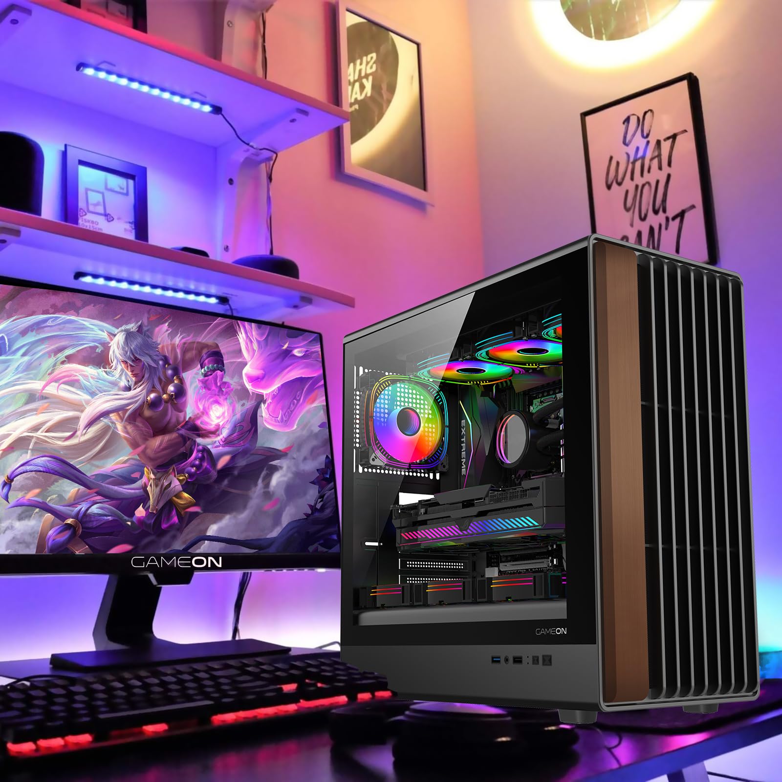 GAMEON TIMBER Midnight Series ARGB Gaming Case – Mid Tower | 7× Pre-Installed ARGB+PWM Fans | Wood-Texture Panels | 3mm Tempered Glass | ATX/M-ATX/ITX Support | 420mm GPU Compatibility – Wood/Black — view 7