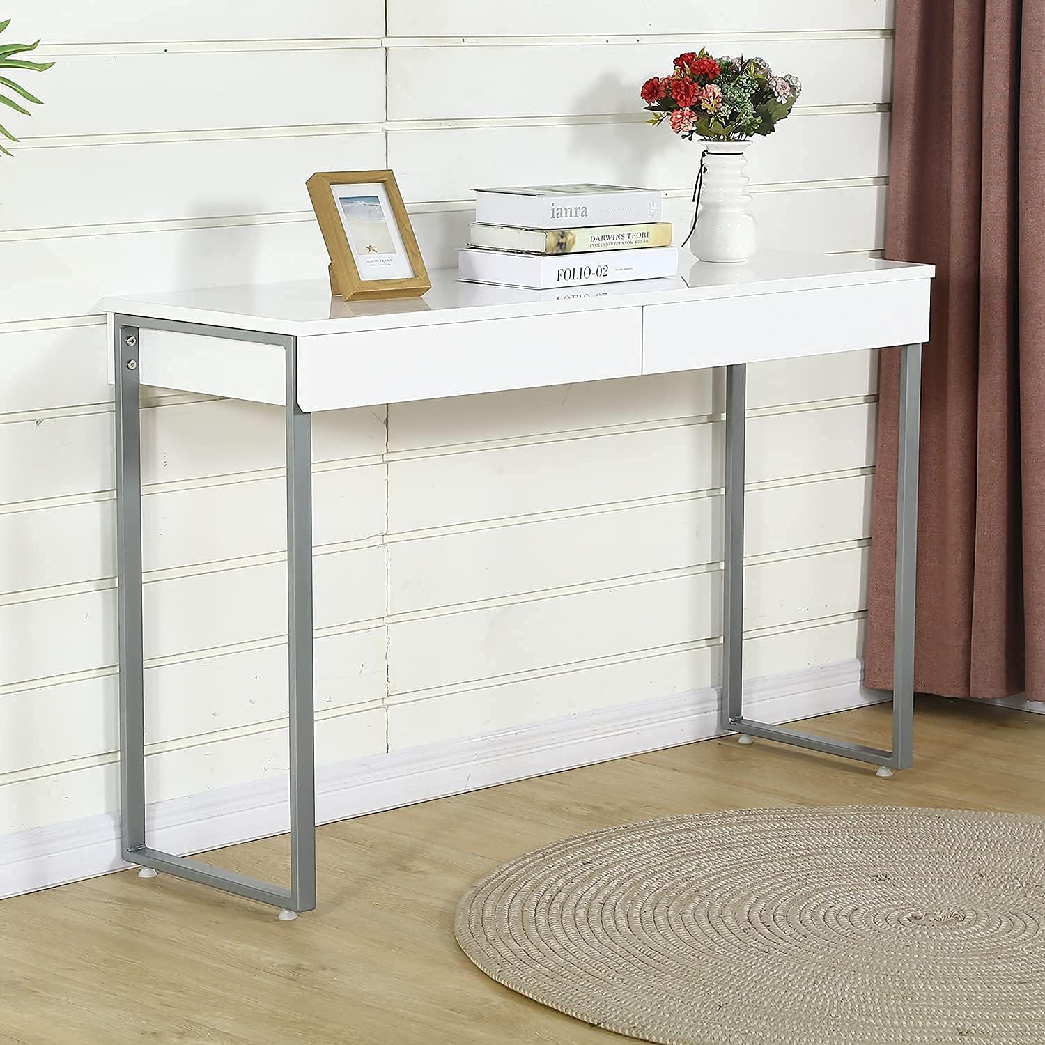 Buy Sicotas Home Office Desks Vanity Desk With 2 Drawers 47 Glossy White Console Table Small Dressing Table Computer Desk With Solid Metal Legs For Home Office Entryway Hallways Bedroom Online In Buy Sicotas Home Office Desks Vanity Desk With 2 Drawers 47 Glossy White Console Table Small Dressing Table Computer Desk With Solid Metal Legs For Home Office Entryway Hallways Bedroom Online In