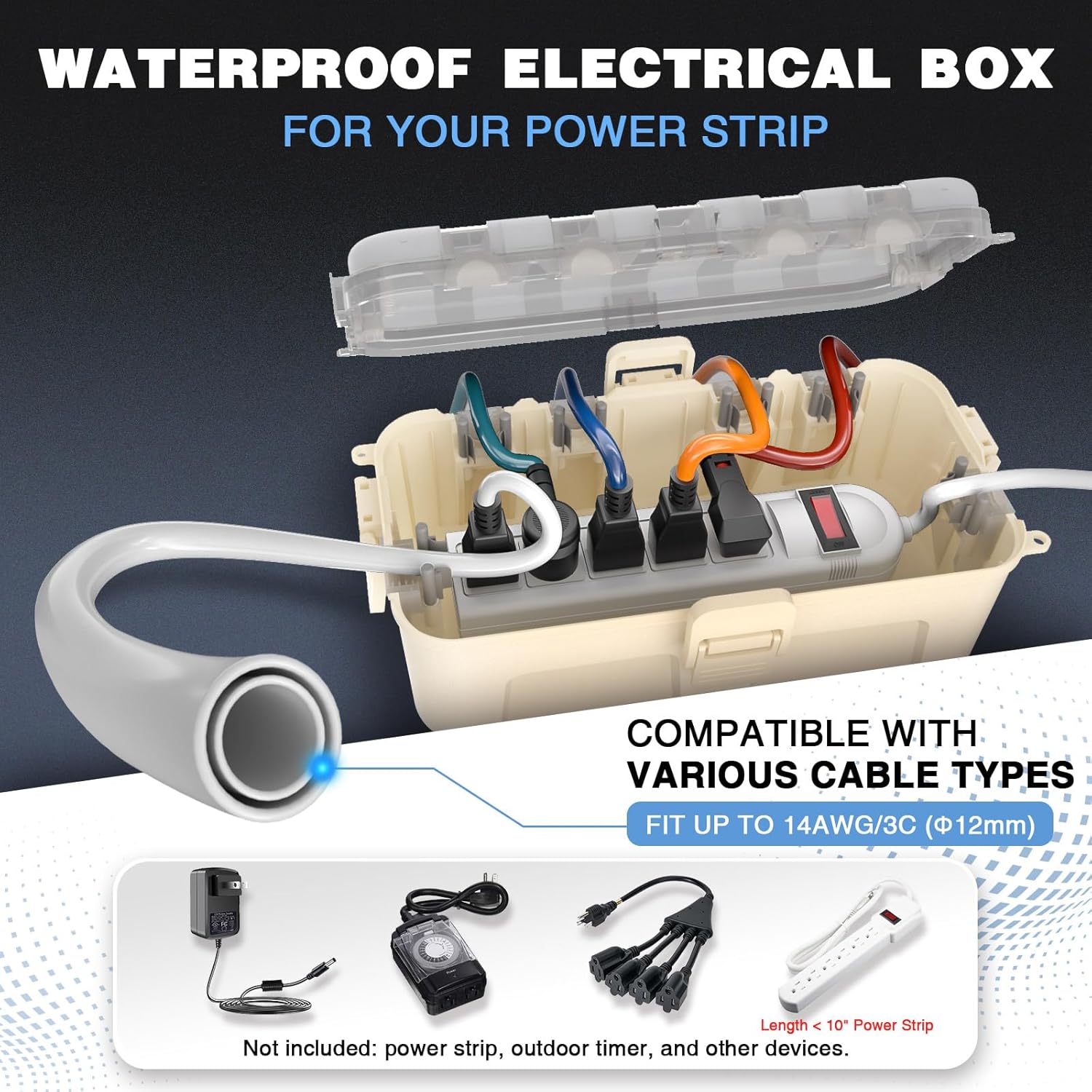 Flemoon Medium Outdoor Electrical Box Waterproof with Clear Lid, Weatherproof Extension Cord Cover for Photocell Light Sensor Timer, Power Strip, Outlet, Plug, Socket, Transparent and Almond