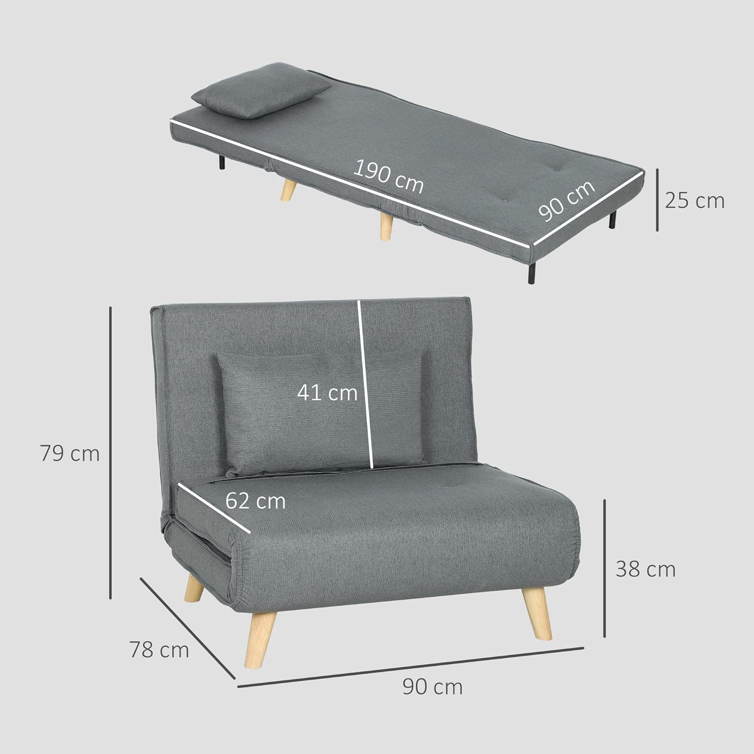 Diagram showing the dimensions of the HOMCOM sofa bed in both armchair and bed configurations