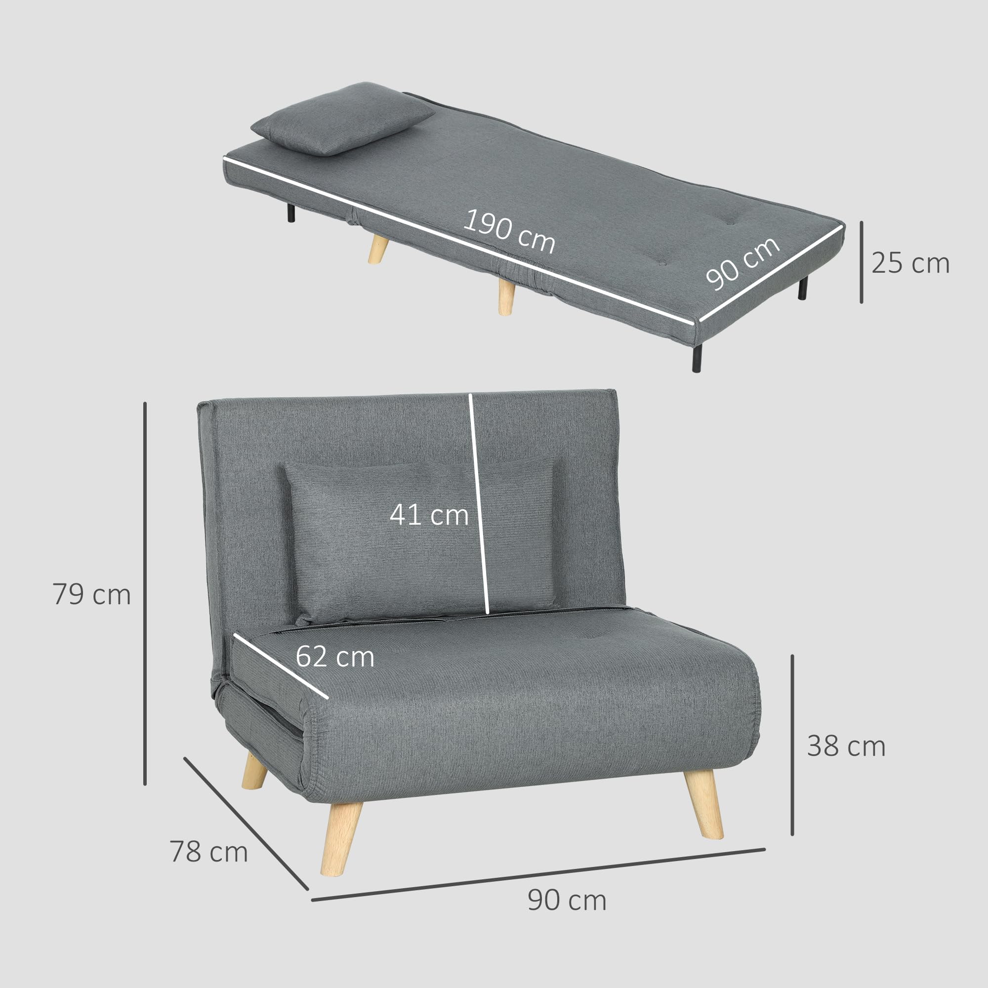 HOMCOM Sofá Cama de 1 Plaza 3 en 1, Sillón Cama Plegable Tapizado en Lino Sintético, con Respaldo Ajustable en 6 Niveles, Almohada, Asiento Ancho, Patas de Madera, 90x78x79 cm, Gris