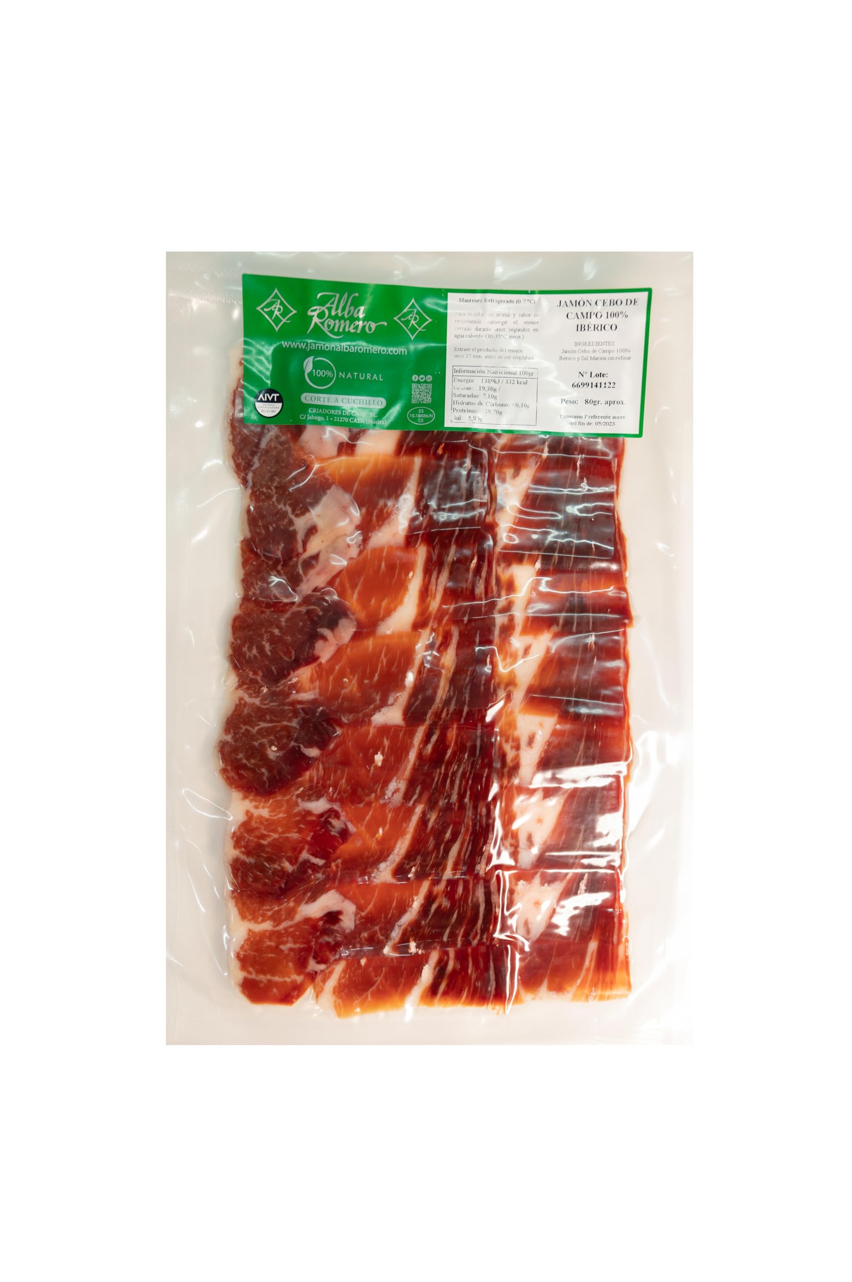 Jamón 100% Ibérico de Cebo de Campo loncheado y envasado al vacío | Lote de 15 sobres (80gr/ud) | Cortado a mano | ALBA ROMERO |