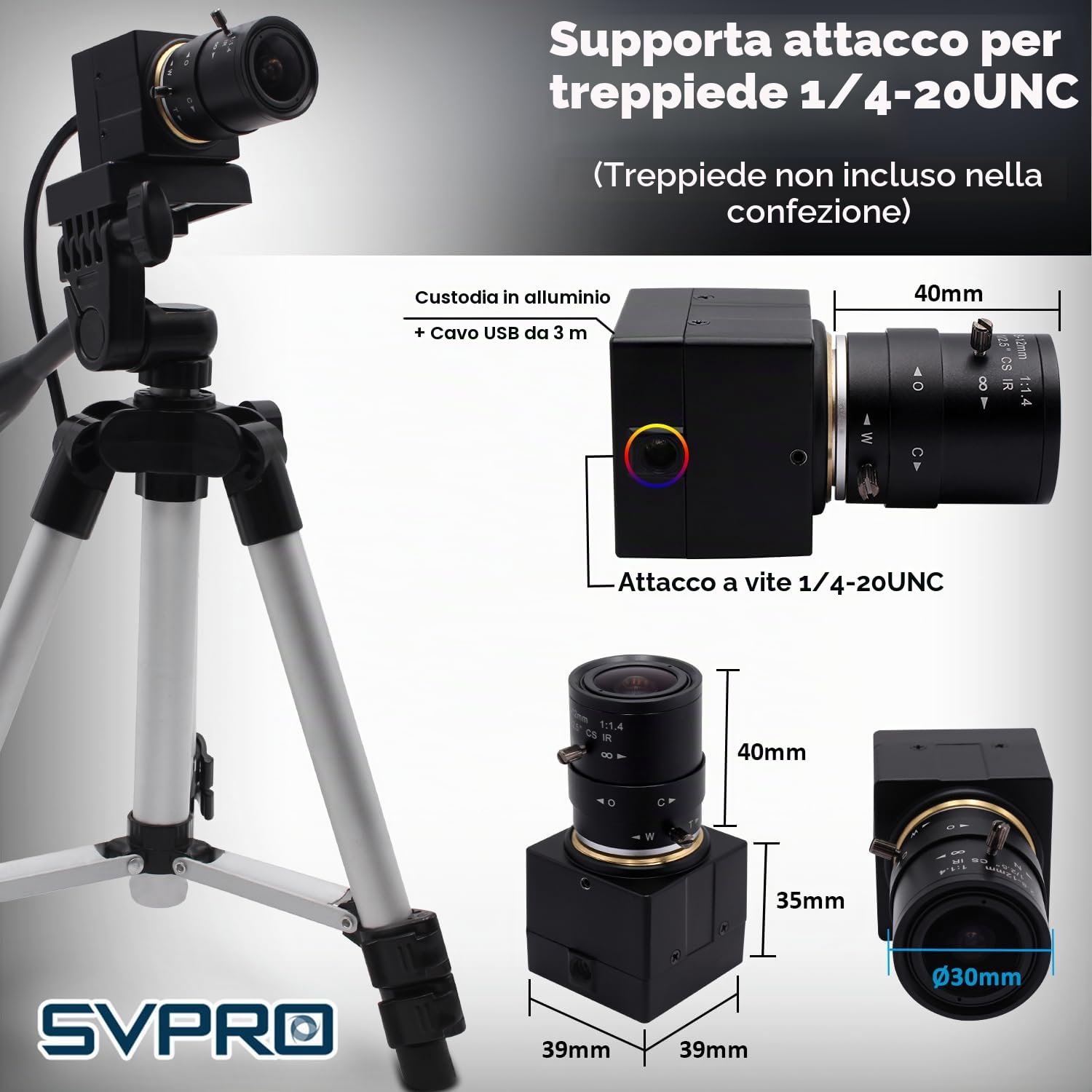 Svpro Webcamera USB 5 MP, 30 fps, obiettivo zoom 2,8-12 mm, IMX335, per monitoraggio macchina, a bassa luce, PC, laptop, UVC Plug-in Webcam per Windows, MacOS, Linux