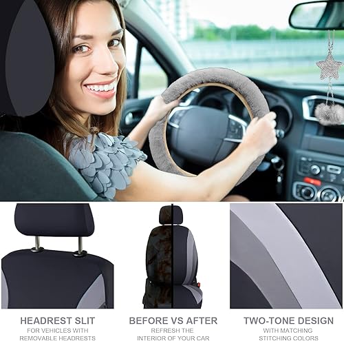 Miniatura 5 de JINGSEN Juego completo de 17 fundas de asiento de automóvil para mujer, funda universal para asiento de automóvil, funda de volante de felpa,
