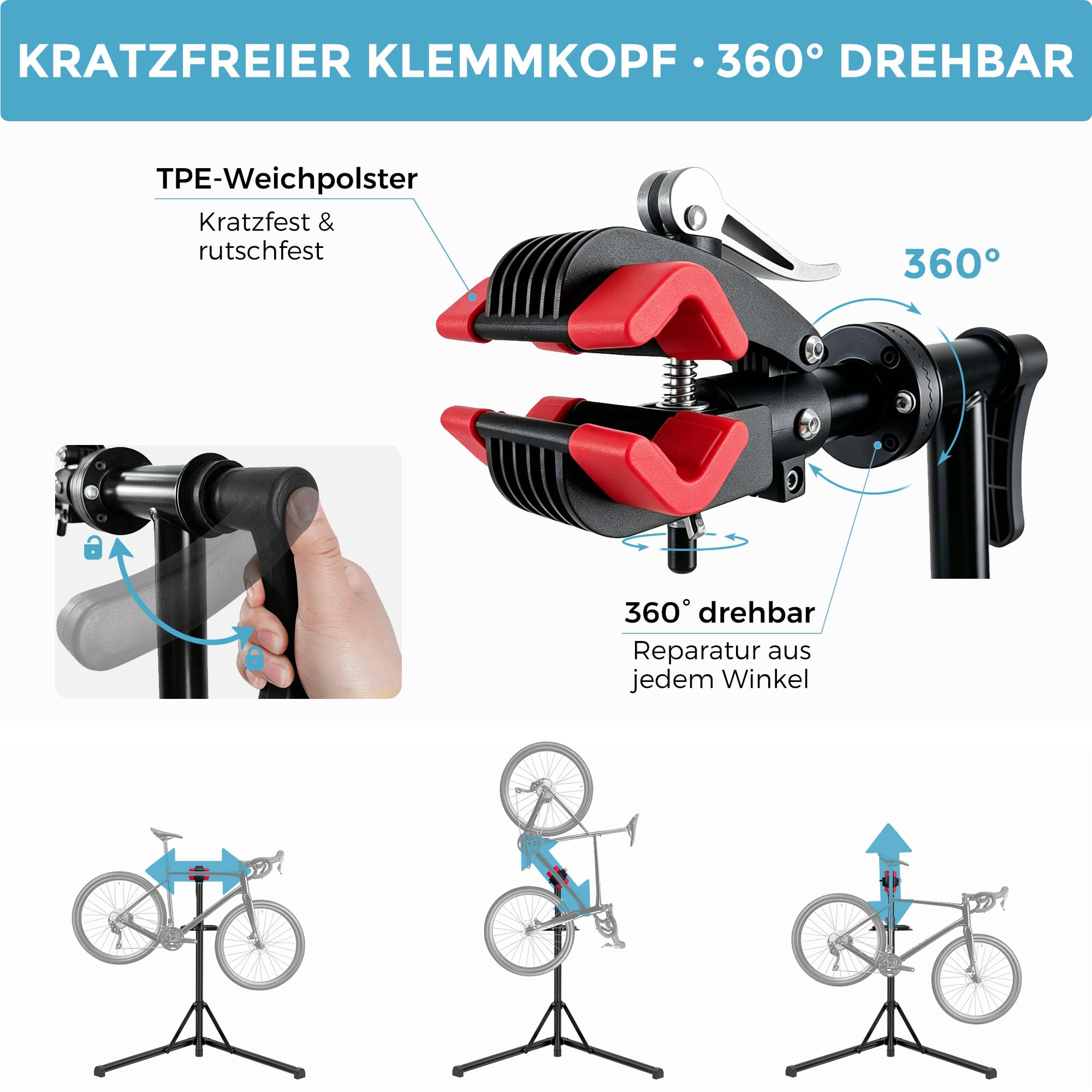 Profi Fahrrad Reparaturständer, niedrigschwerpunkt stabiler Sockel, magnetische Werkzeugablage, 360° drehbar, klappbar, bis 30 kg belastbar