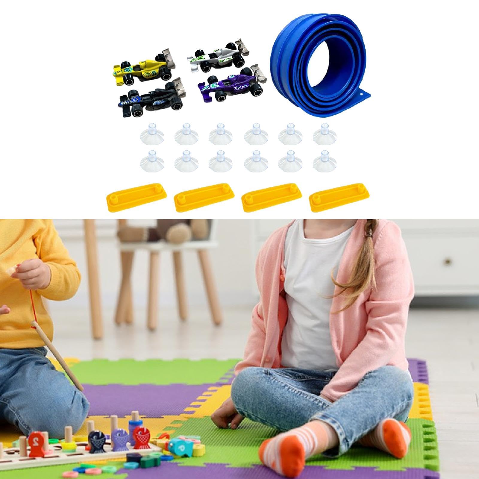 Flexible Circuito Infantil con Ventosas Pista Portátil Enrollable Rampa DIY Mini Autos Juego Interactivo para Niños Niñas Adecuado para Actividades FA, Azul 5m