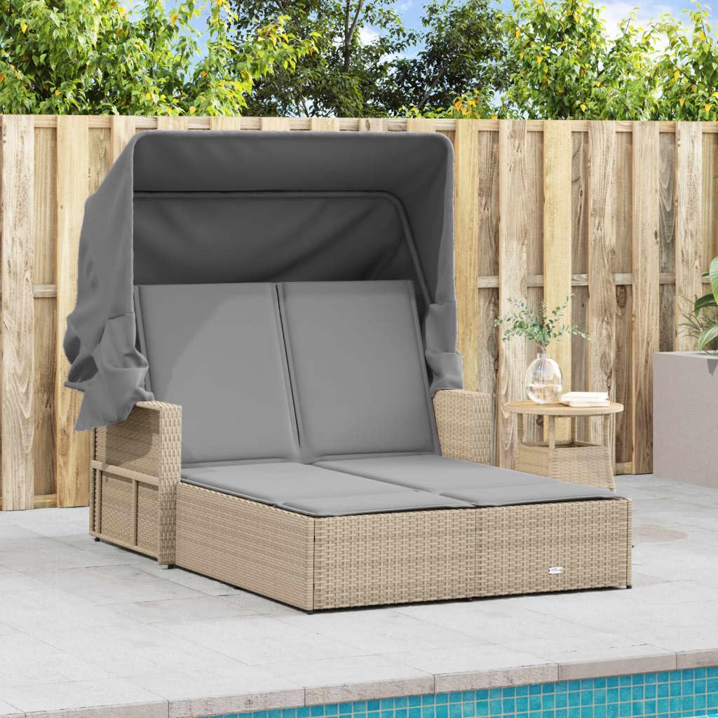 Homgoday Lits de jardin, lit double avec auvent et coussins beige mixte polyrotin, chaises longues, canapé-lit, lit meuble, lit de piscine, chaise longue de jardin w