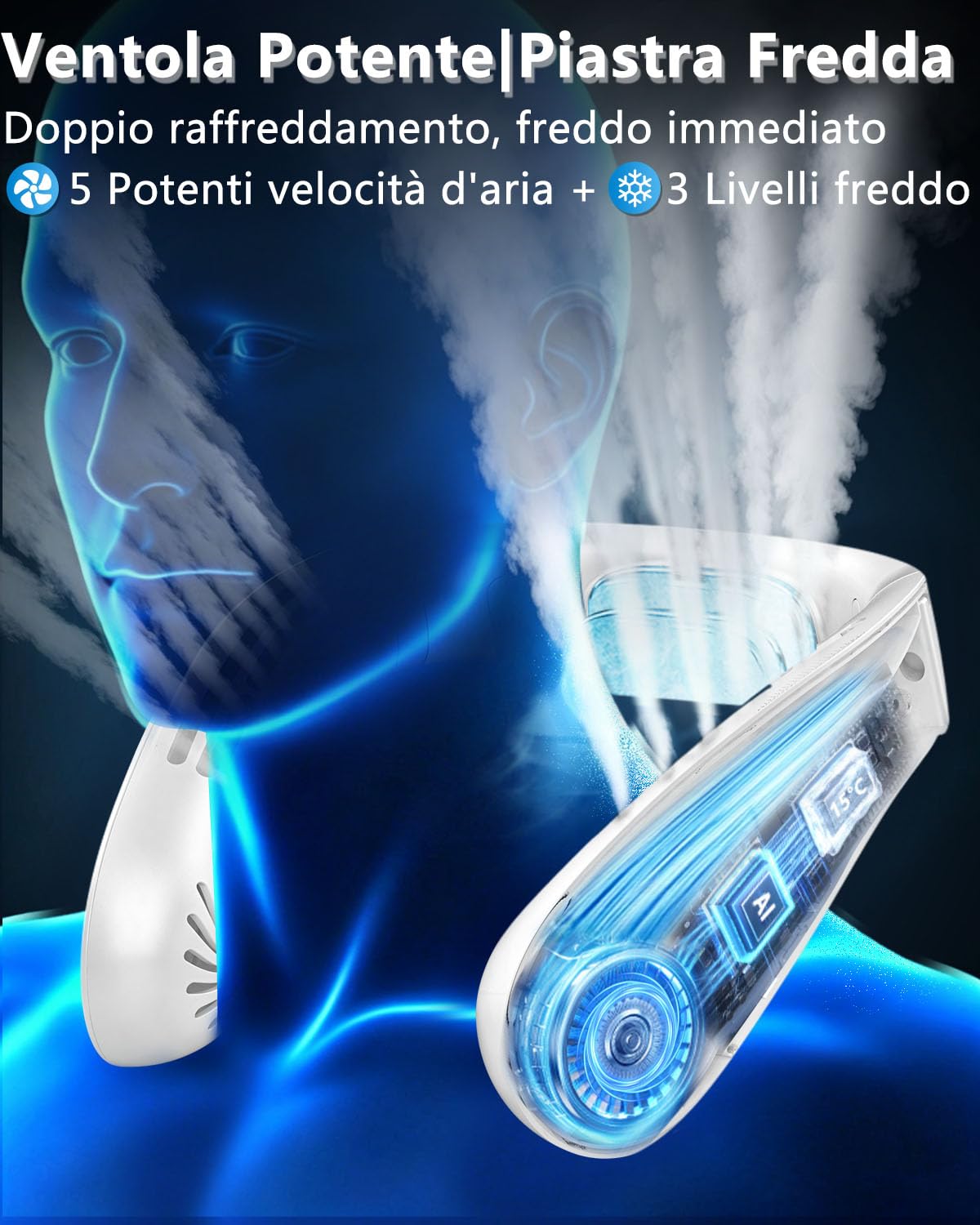 Ventilatore da Collo Sportivo con Raffreddamento, Neck Cooler Portatile e Silenzioso con 3 Temperature e 5 Velocità, Batteria 5500mAh Autonomia 15 Ore, LED, per Corsa, Ciclismo e Fitness Outdoor