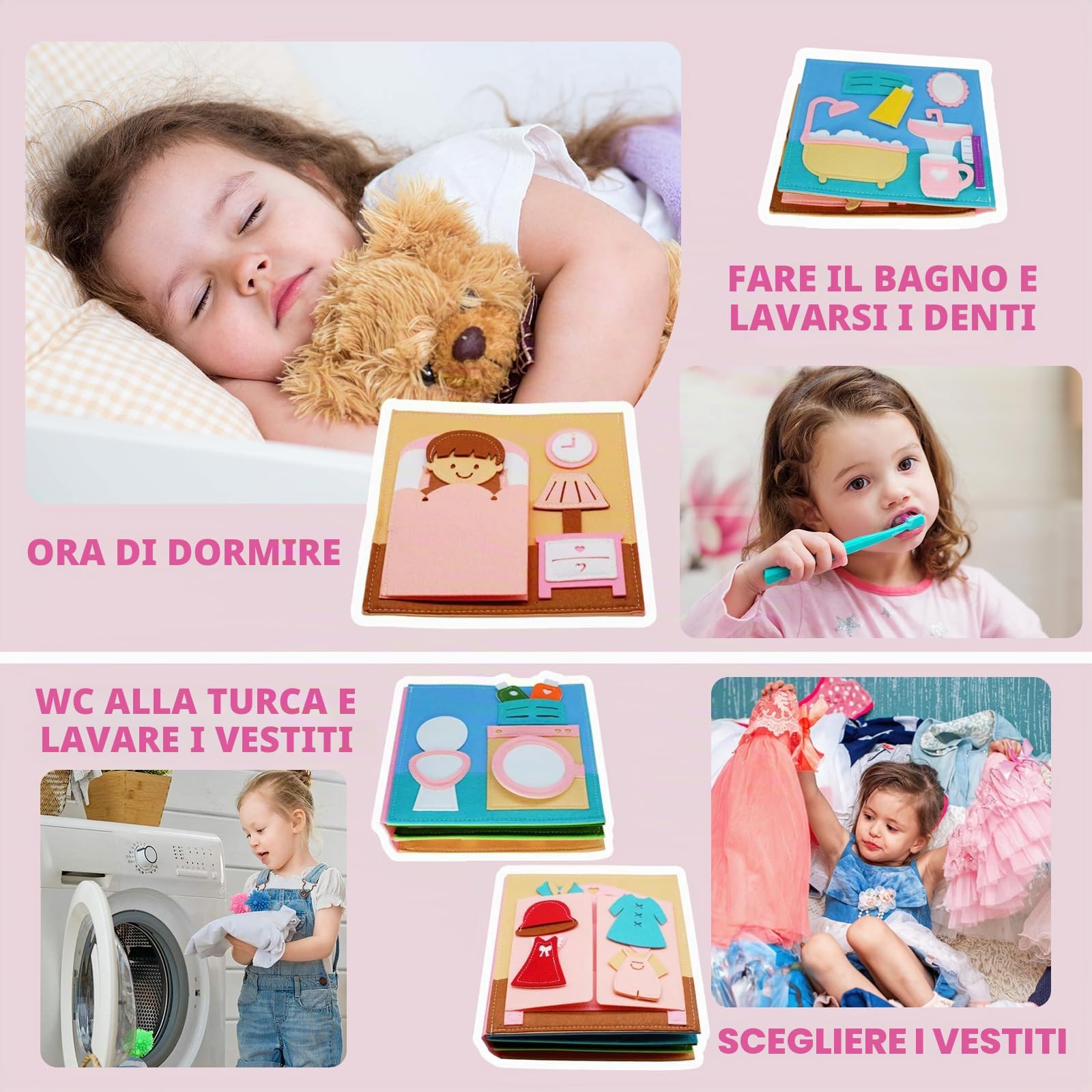 Libro Sensoriale Montessori,Libro in feltro 3D per Bambini 1-6 Anni,Gioco Educativo per Sviluppare Fantasia e Manualità,Ideale per Viaggi e Regali