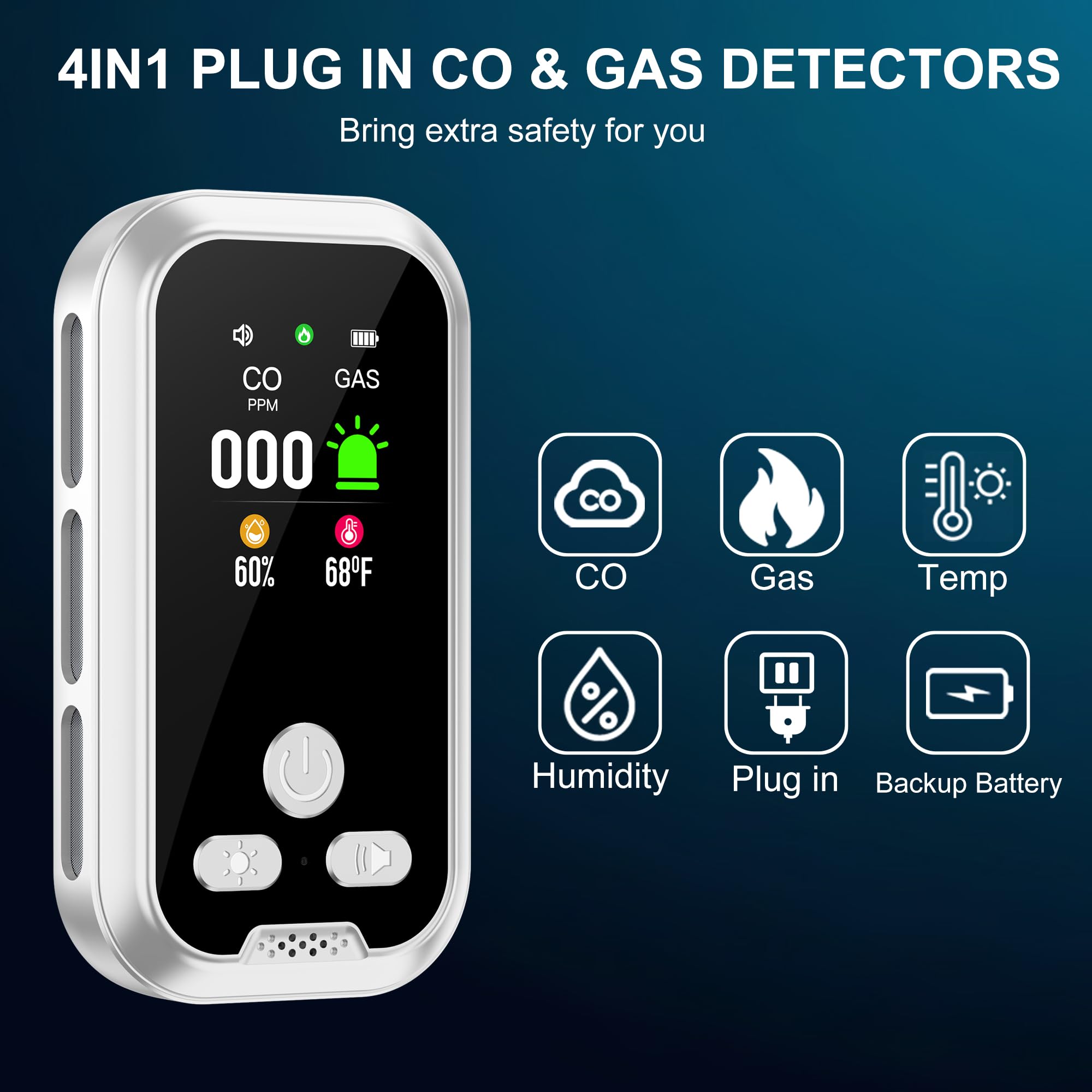Detector de Gas y Monóxido de Carbono con Enchufe para Hogar, Alarma de CO para Casa, Alarma de Gas Combustible para Gas Natural LPG Metano Propano Butano, Blanco, HD11-CG