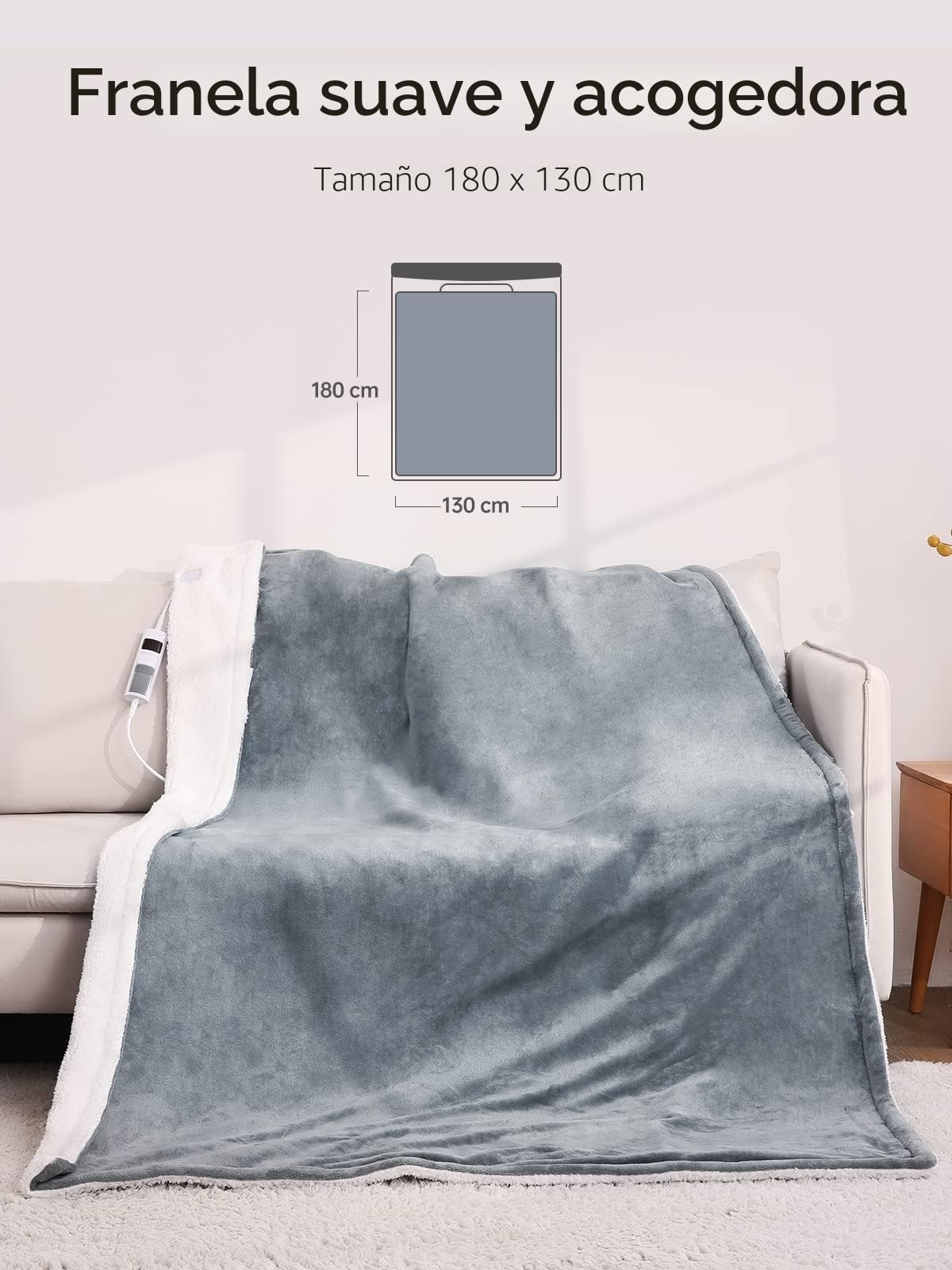 CURECURE Manta Eléctrica Throw Acogedora Manta de Franela, 6 Niveles de Calefacción y Apagado Automático de 6 Horas, 130 * 180 cm Manta de Tamaño Doble, Controlador Desmontable-Gris Claro