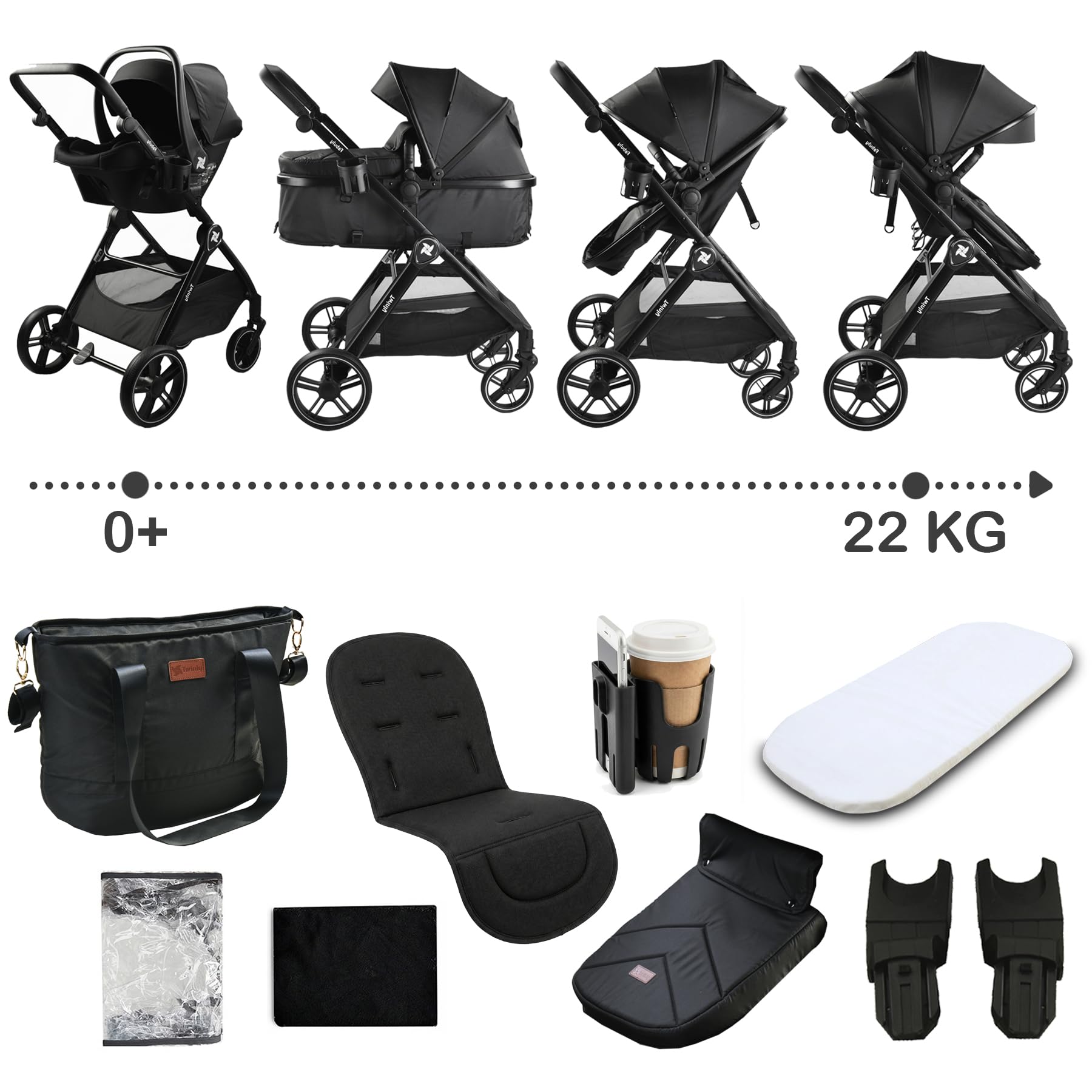Twinly Carrito de Bebe 3 en 1 – Carro Bebe 3 Piezas Convertible con Grupo 0 (i-Size), Capazo y Silla de Paseo – FABULY – Plegable y Ligero con Bolso, Plástico Lluvia y saco – (Gris)