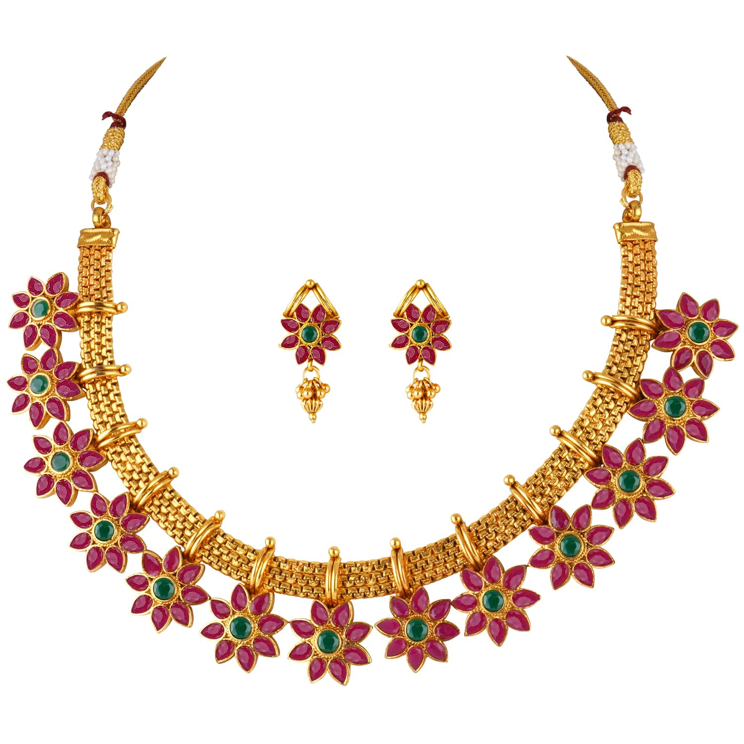JFL - Jewellery for Less Gold Plated Patta Floral Ruby Red Color Stone Studded Necklace Set with Adjustable Thread for Women And Girls,Valentine (B0BR8B4JYZ) Amazon Price History, Amazon Price Tracker
