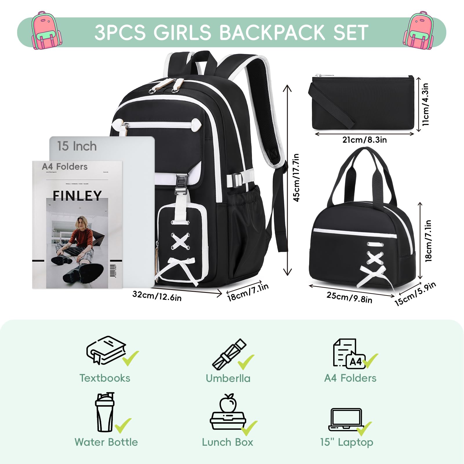 Tanou Schulrucksack Mädchen Teenager 3-tlg für Schule Reisen, Weiß Schwarz | Lässiger Schulranzen mit Lunchpaket Mäppchen für Mädchen 3. bis 7. Klasse, Stilvoll Mehrere Fächer Kinder Schultasche