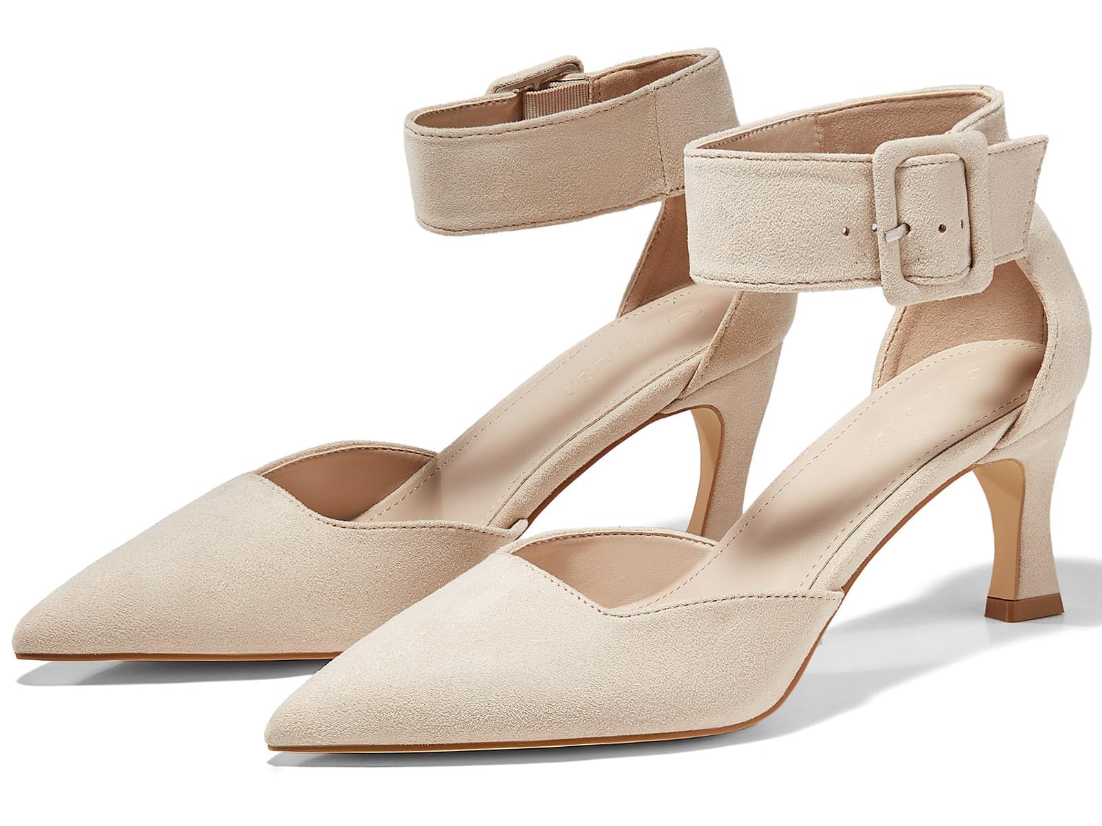 Coutgo Womens Kitten Low Heels Closed Pointed Toe Ankle Buckle Strap Pumps Suede Dress Wedding Shoes