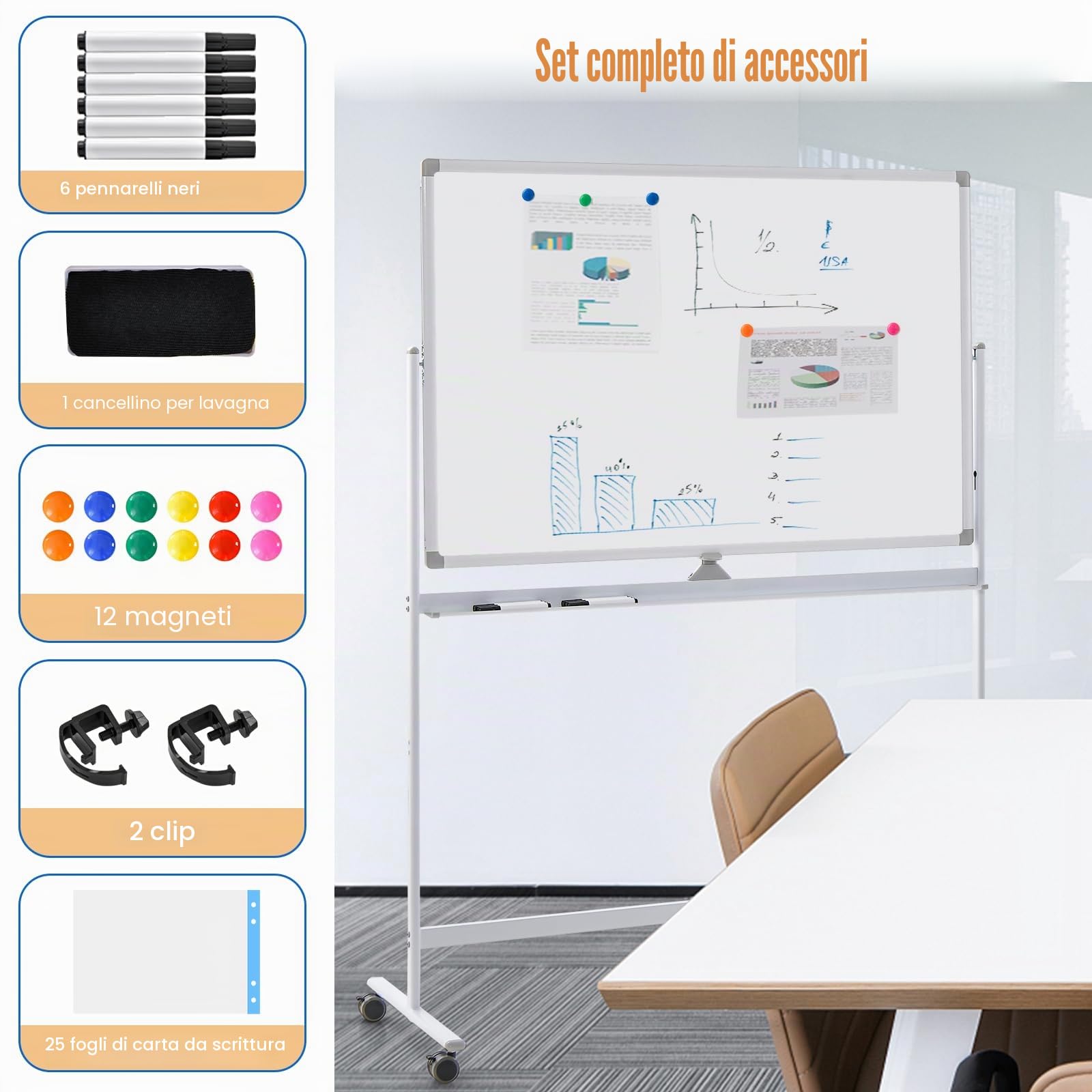 LIFEZEAL Lavagna Bianca Cancellabile con Ruote, Lavagna Magnetica per Ufficio, Doppia Faccia e Girevole a 360°, Lavagnetta Interattiva Regolabile in Altezza per Scuola (80x120cm, bianco)