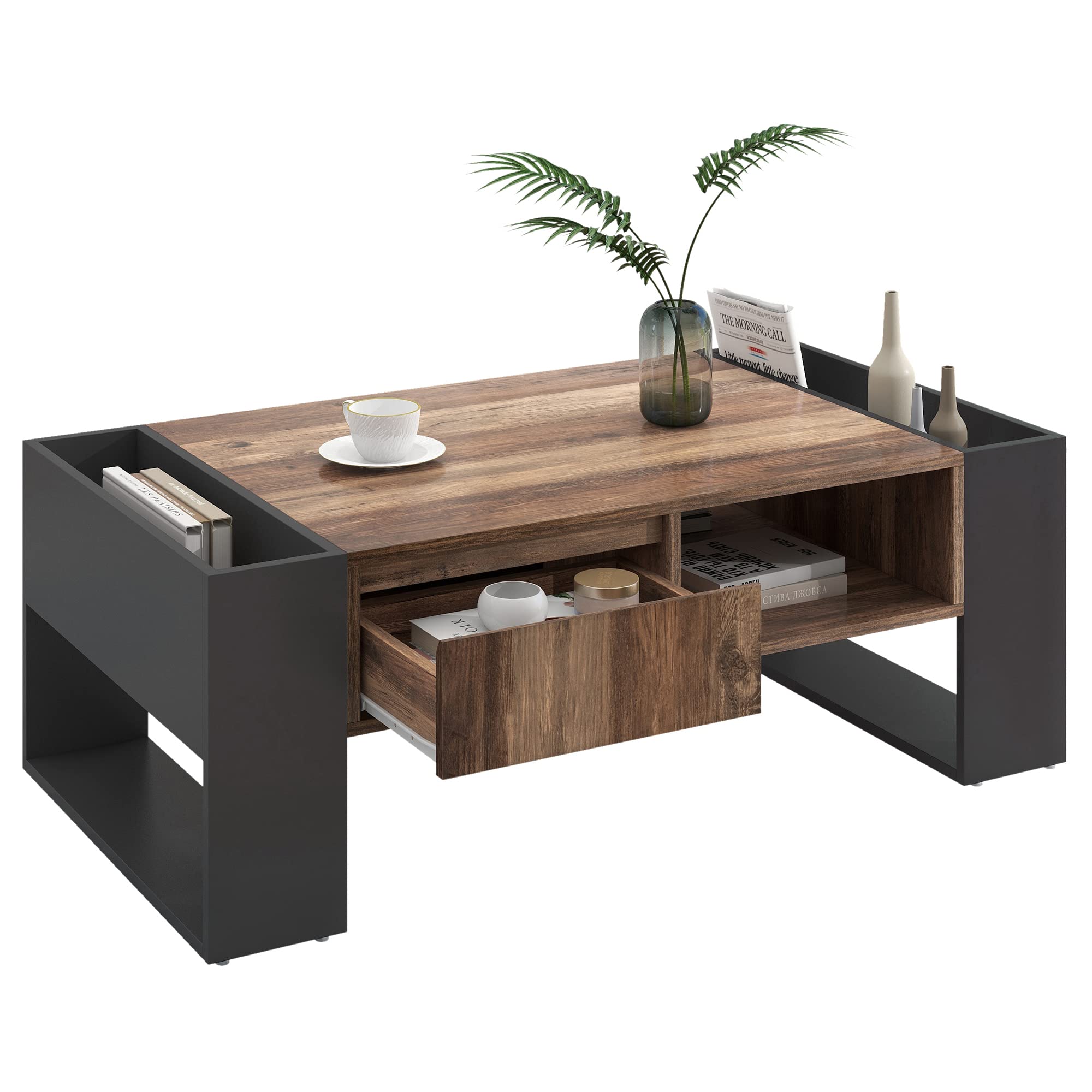BTM Wooden coffee table with a Drawer, Coffee Table for Living Room with Storage, a storage compartment and a back compartment, double sided storage, large storage space.