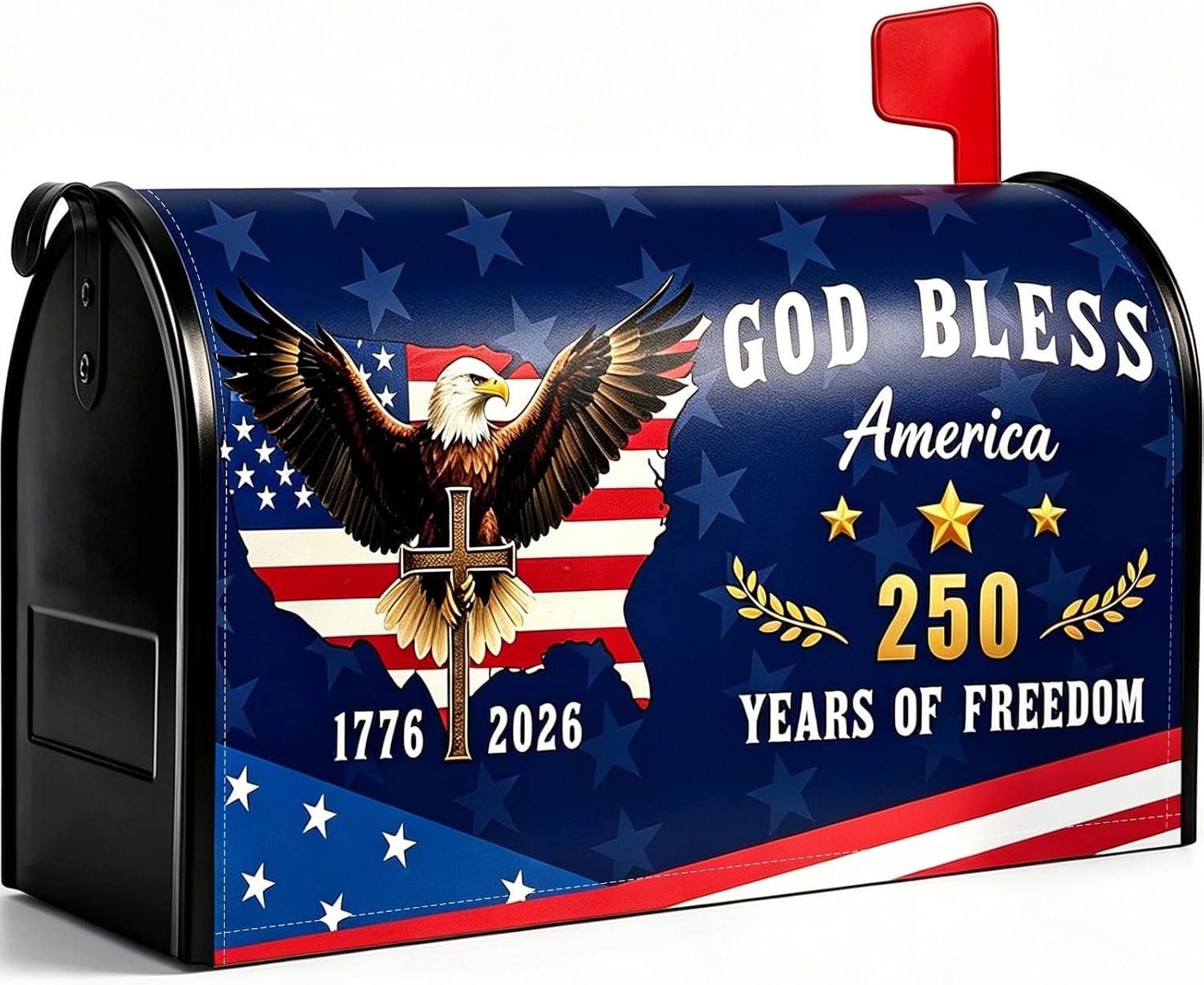 USA 250th Anniversary Mailbox Covers Magnetic Standard Size, 4th of July Independence Day Patriotic Mailbox Wrap with Eagle Cross and American Map, God Bless America 1776-2026 Yard Decor 21x18 Inches