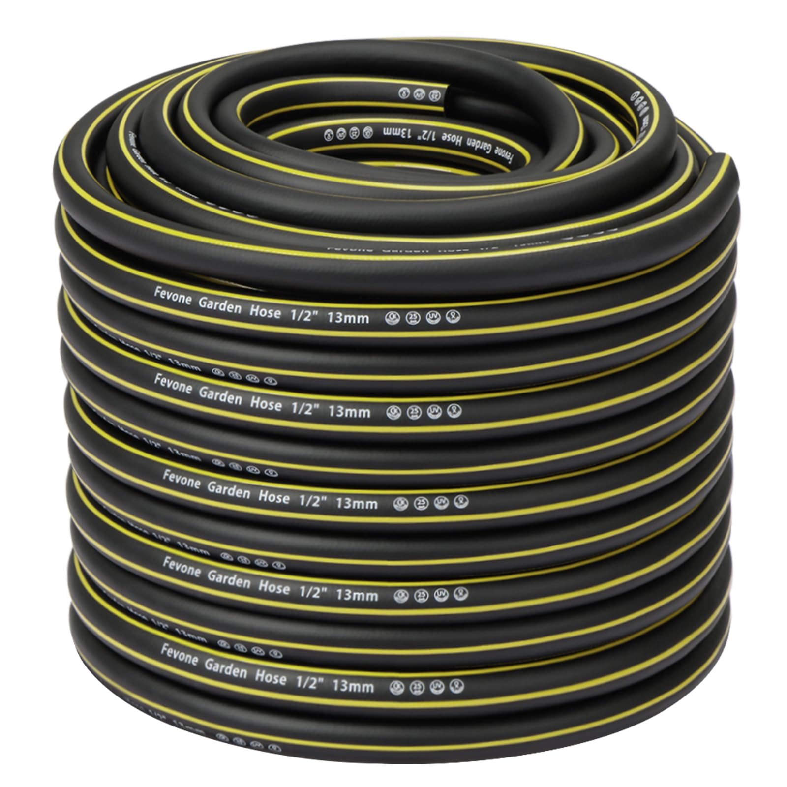 Fevone Tubo da giardino 50 metri 1/2 pollice (13mm) Tubo per giardino 4 layer 25 Bar ad alta resistenza portatile all'aperto Flessibile robusto con protezione antipiega Nero/Giallo