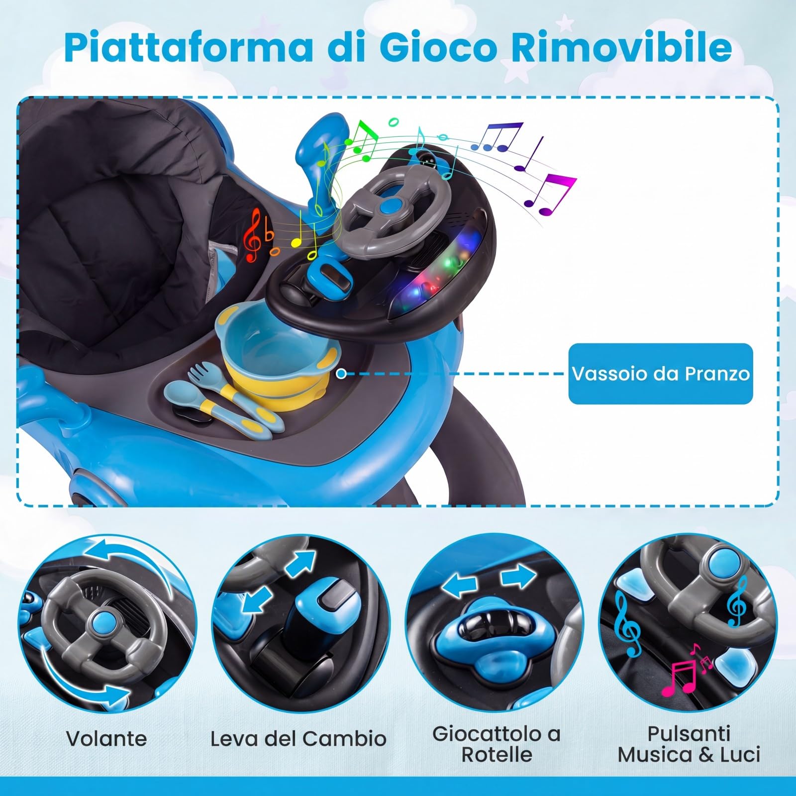 COSTWAY Girello per Bambini 6-in-1 Evolutivo, Centro Attività Pieghevole con Maniglia, Regolazione Altezza/Velocità, con Musica, Luci Tenda, per Neonati 6-18 Mesi (Nero+Blu)