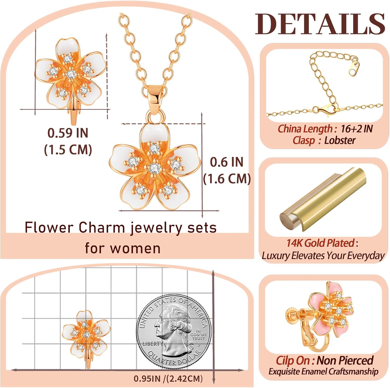 EVEVIC Flower Pendant Necklace Clip On Earrings Set for Women 14K Gold Plated Hypoallergenic Cherry Blossom Floral Jewelry Sets - Image 5